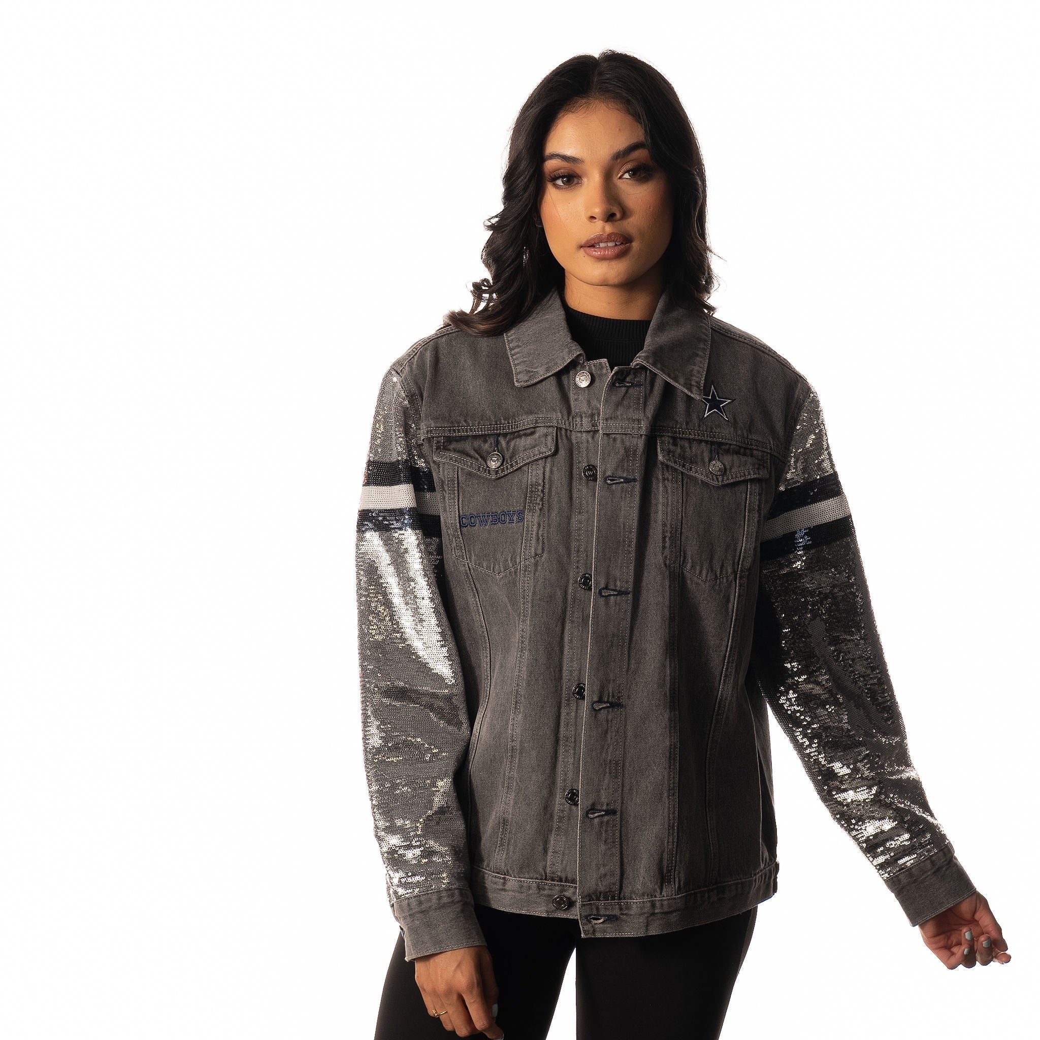 Dallas Cowboys Womens Sequin Sleeve Denim Jacket - Grey - Image 3