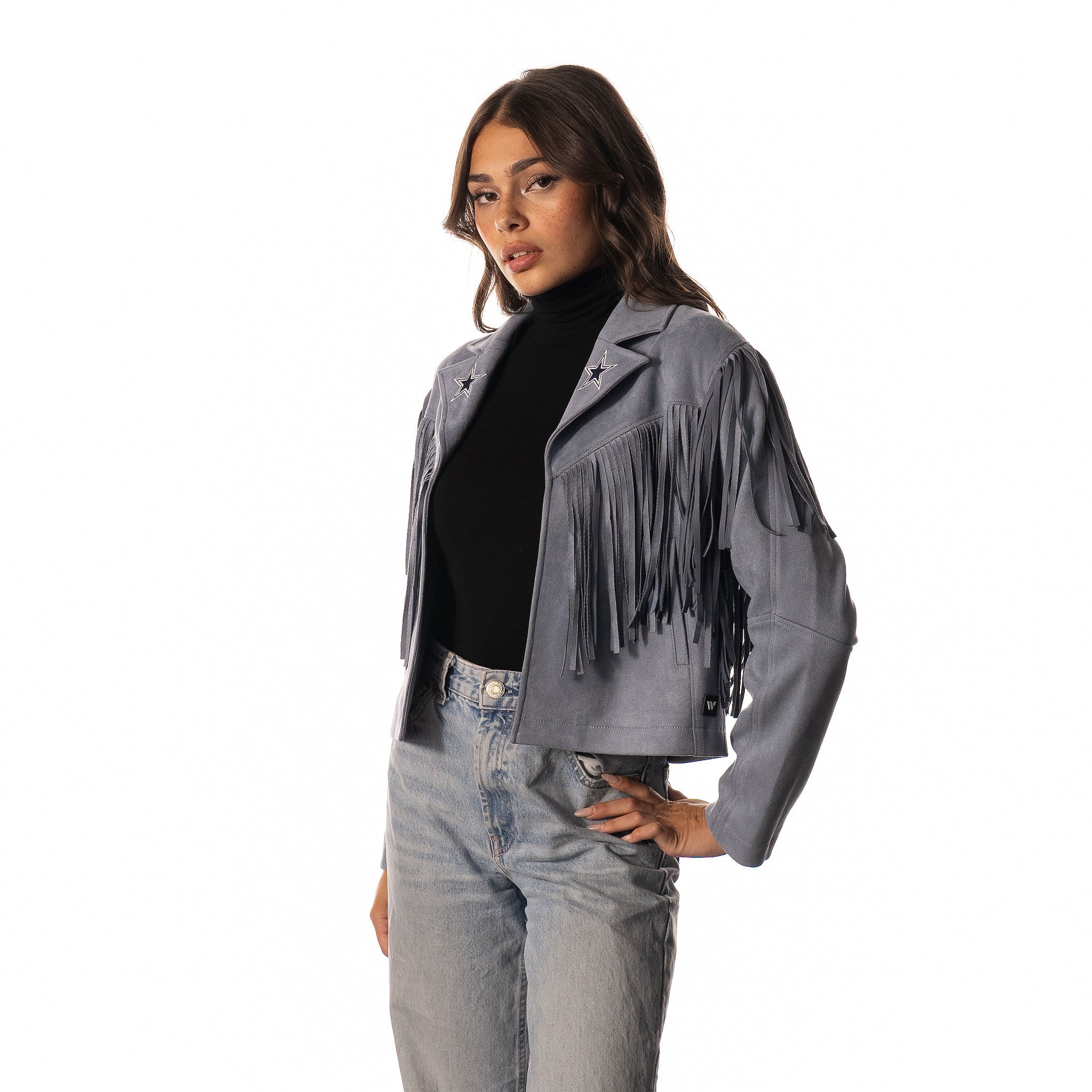 Dallas Cowboys Womens Suede Fringe Jacket - Light Blue - Image 2