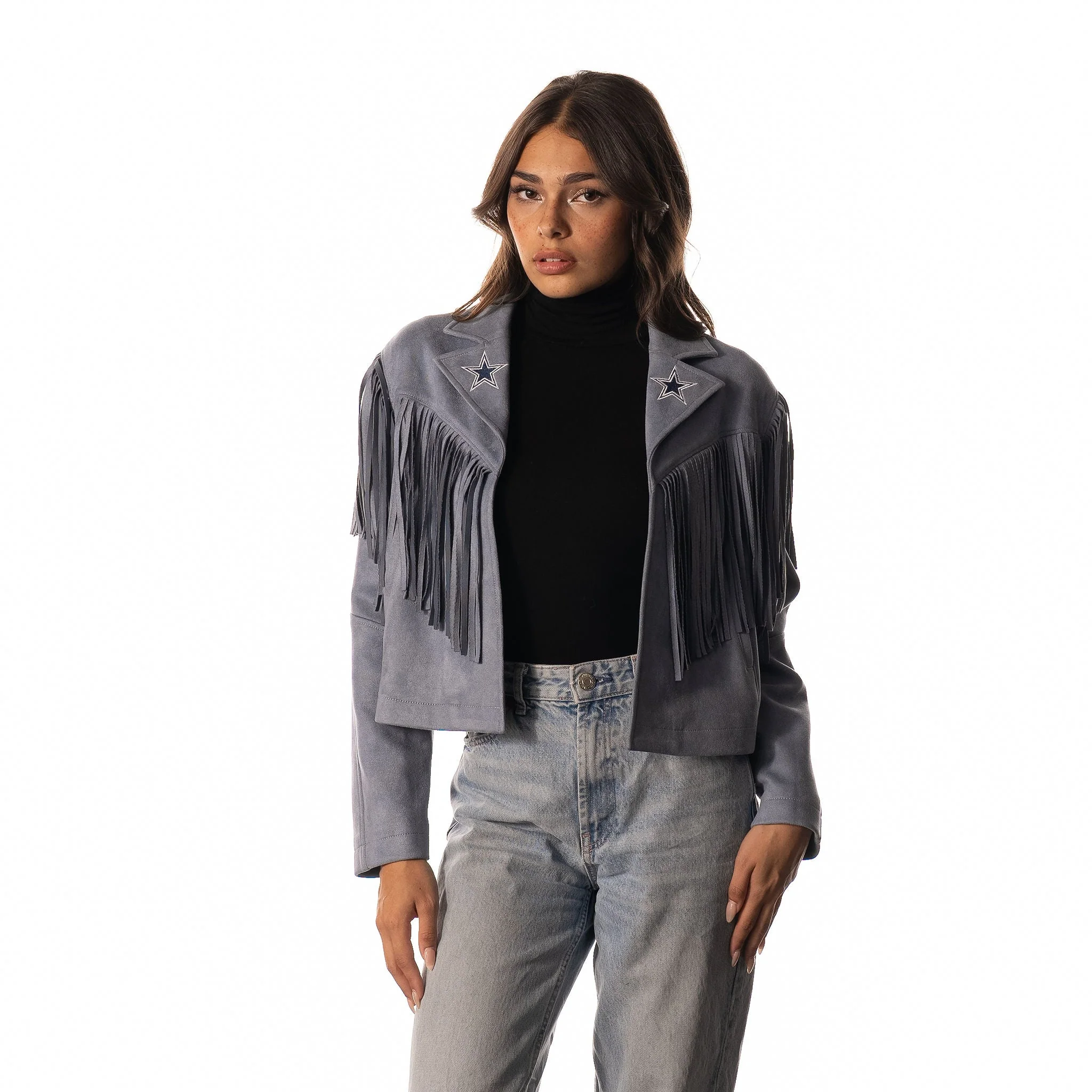 Dallas Cowboys Womens Suede Fringe Jacket - Light Blue - Image 3