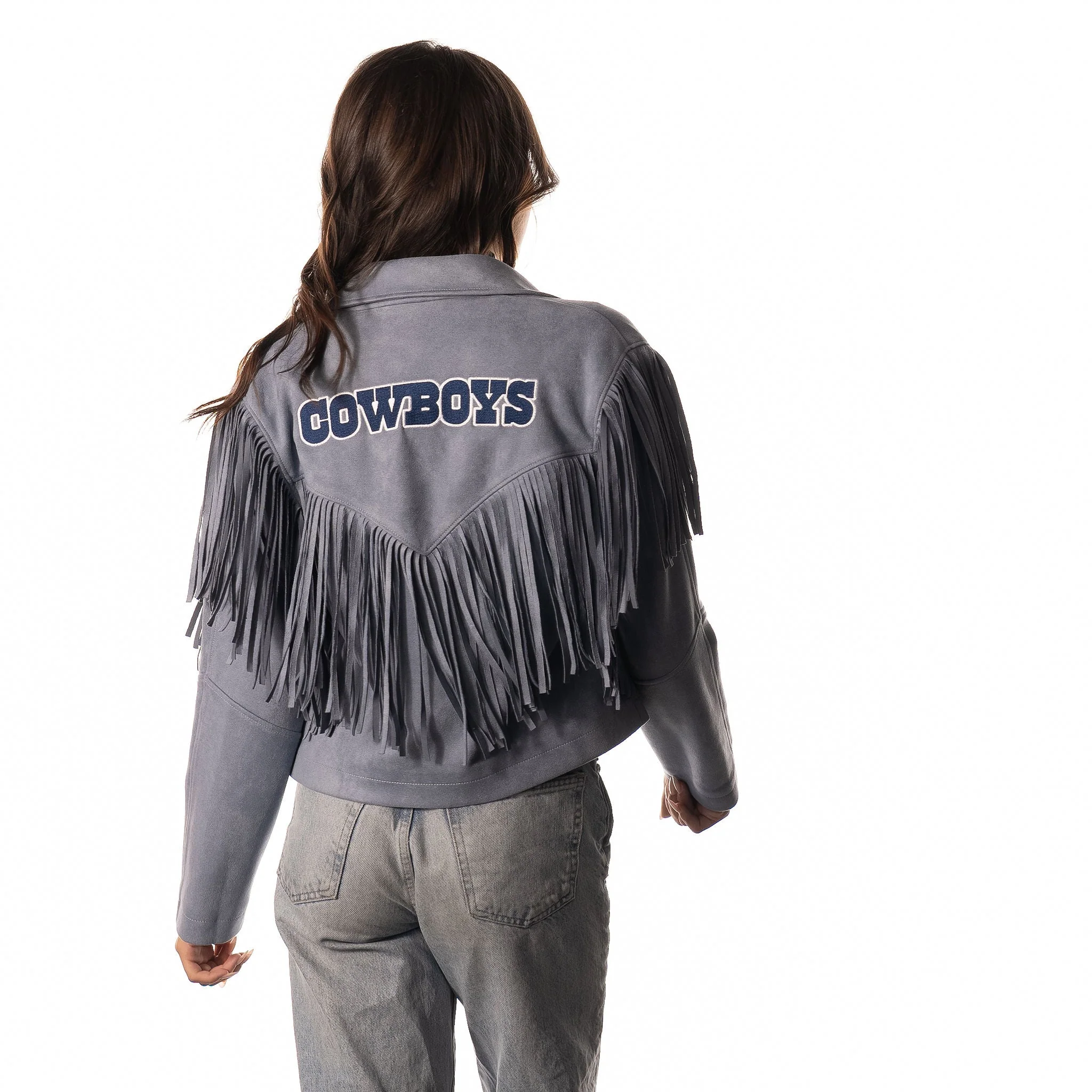 Dallas Cowboys Womens Suede Fringe Jacket - Light Blue - Image 4