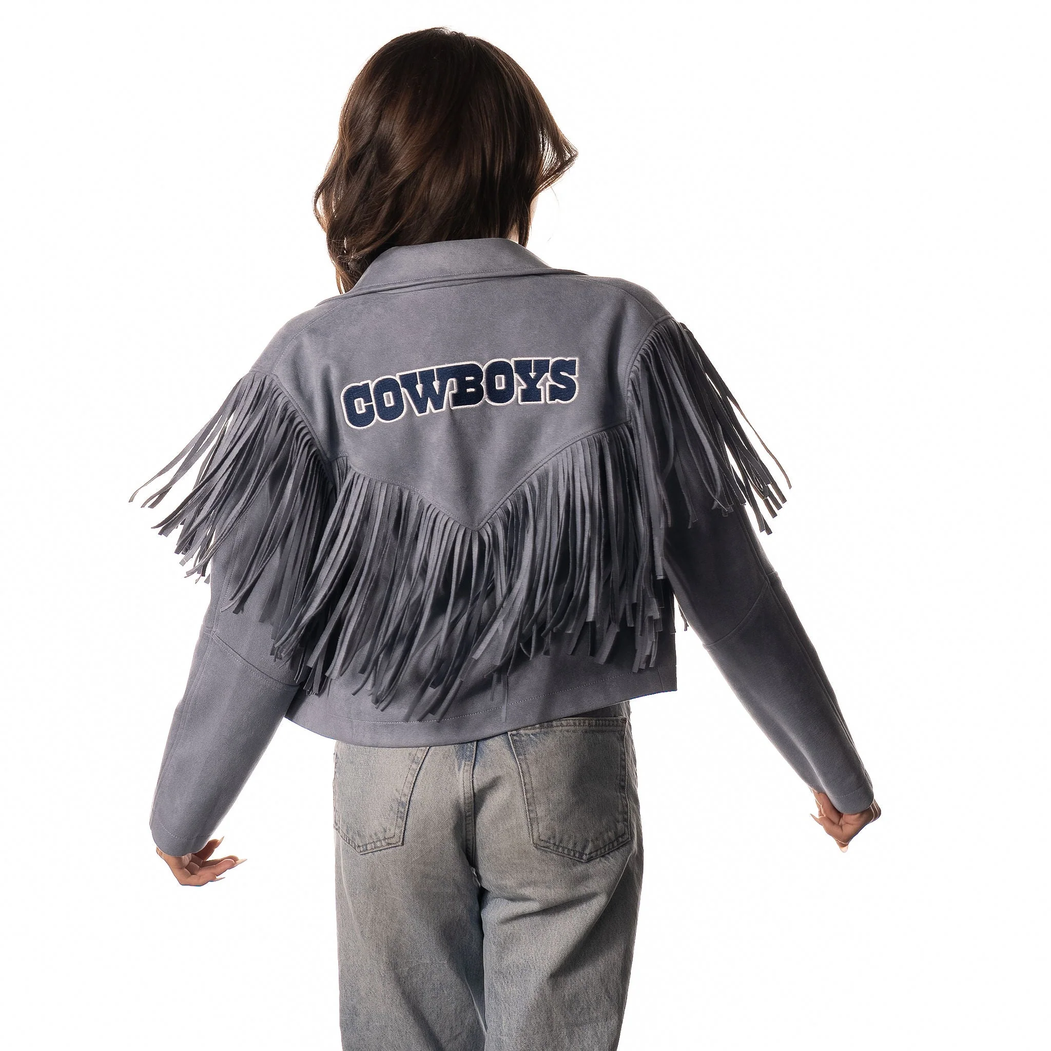 Dallas Cowboys Womens Suede Fringe Jacket - Light Blue - Image 5