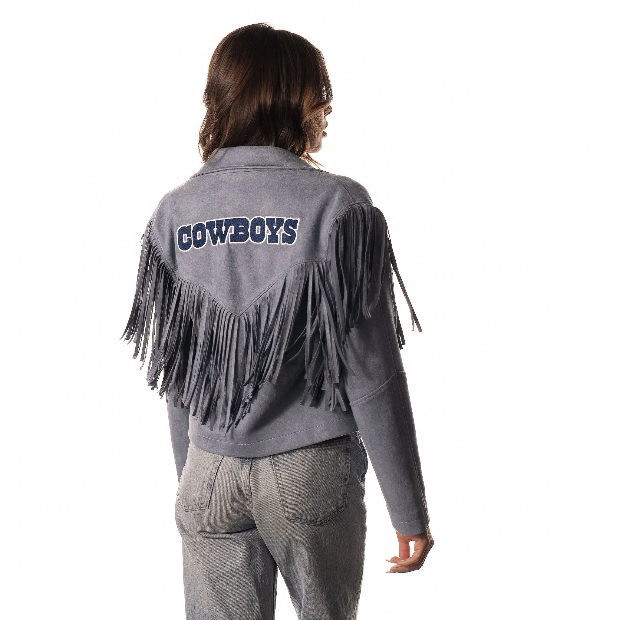 Dallas Cowboys Womens Suede Fringe Jacket - Light Blue - Image 6