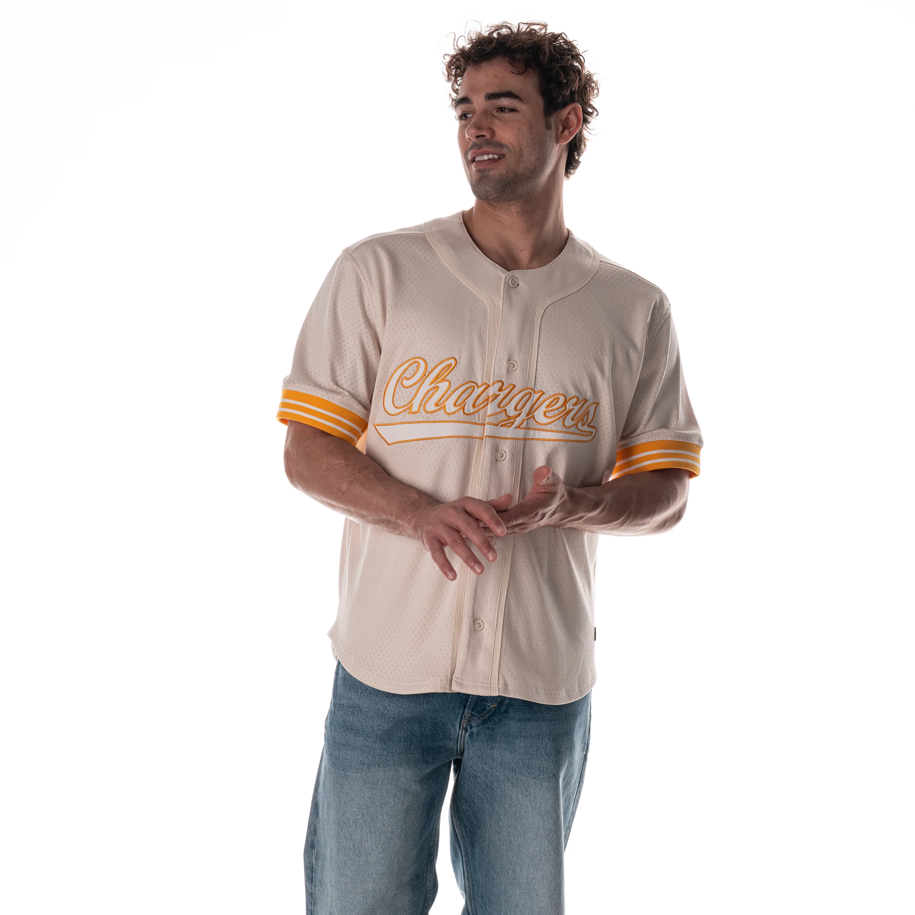 Los Angeles Chargers Mesh Button Up Shirt - Cream - Image 2