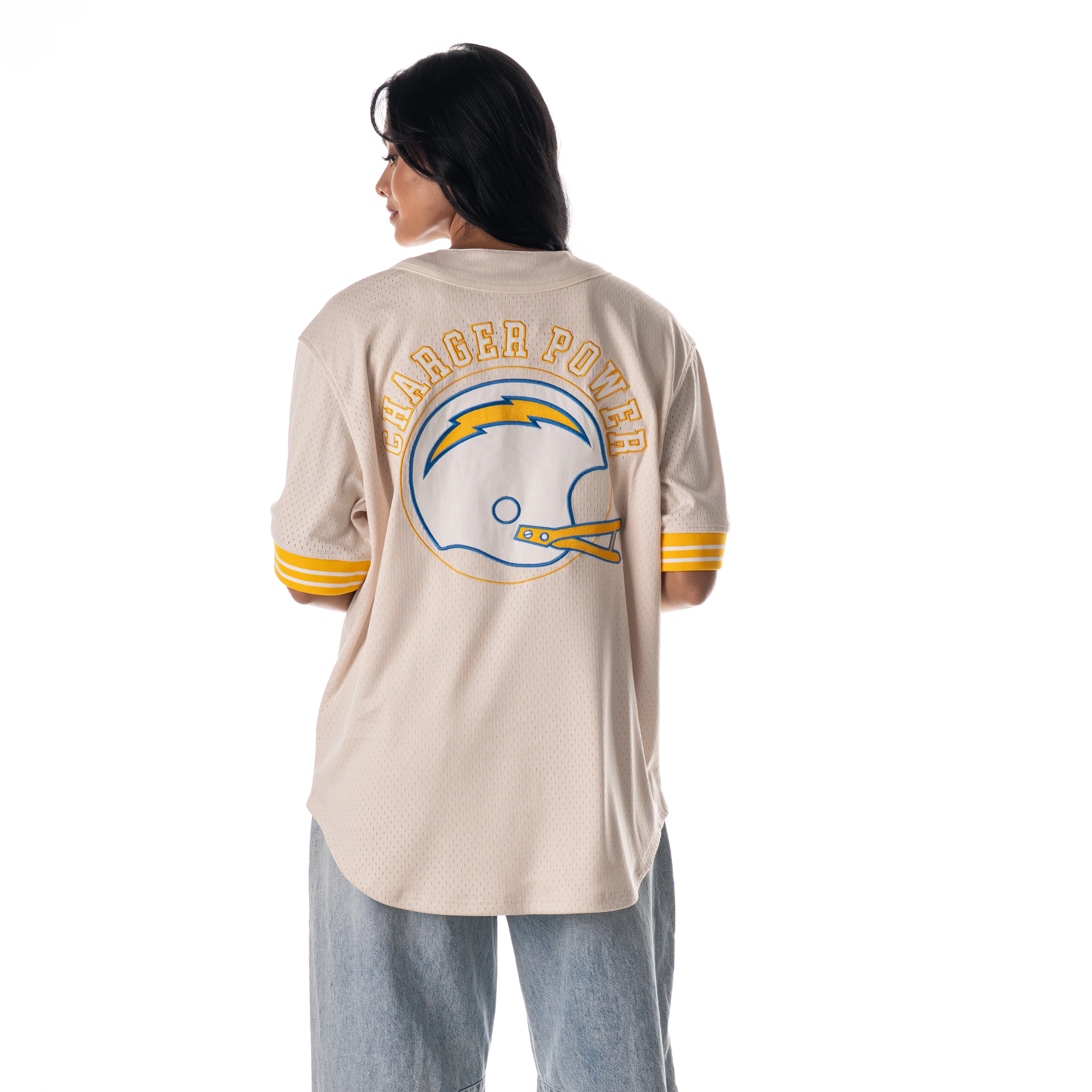 Los Angeles Chargers Mesh Button Up Shirt - Cream - Image 3