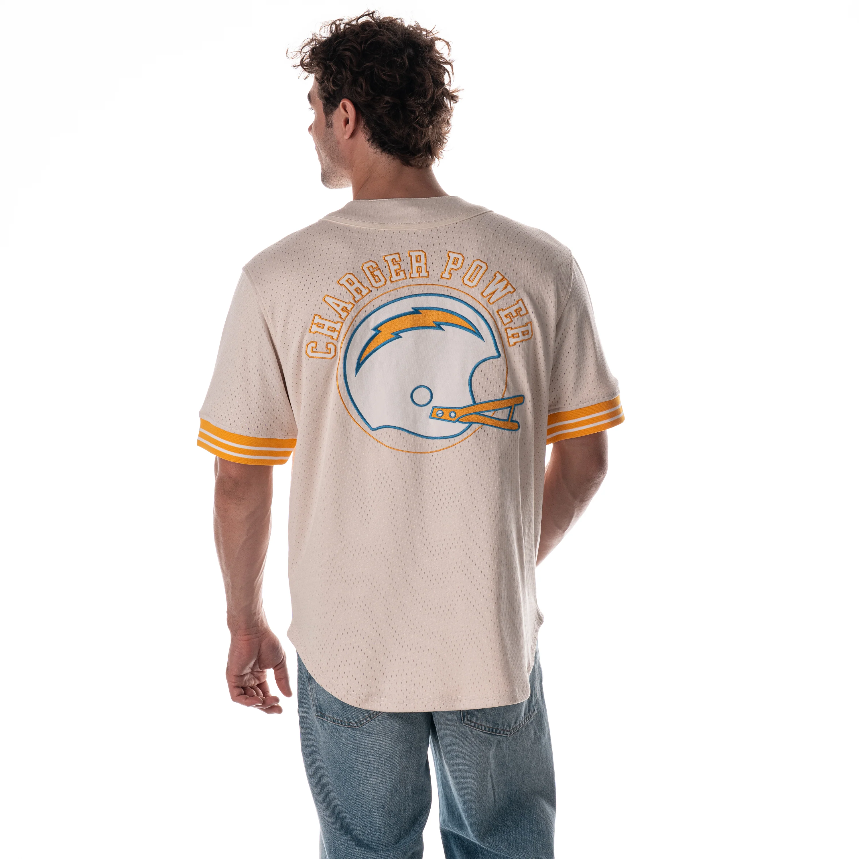 Los Angeles Chargers Mesh Button Up Shirt - Cream - Image 4
