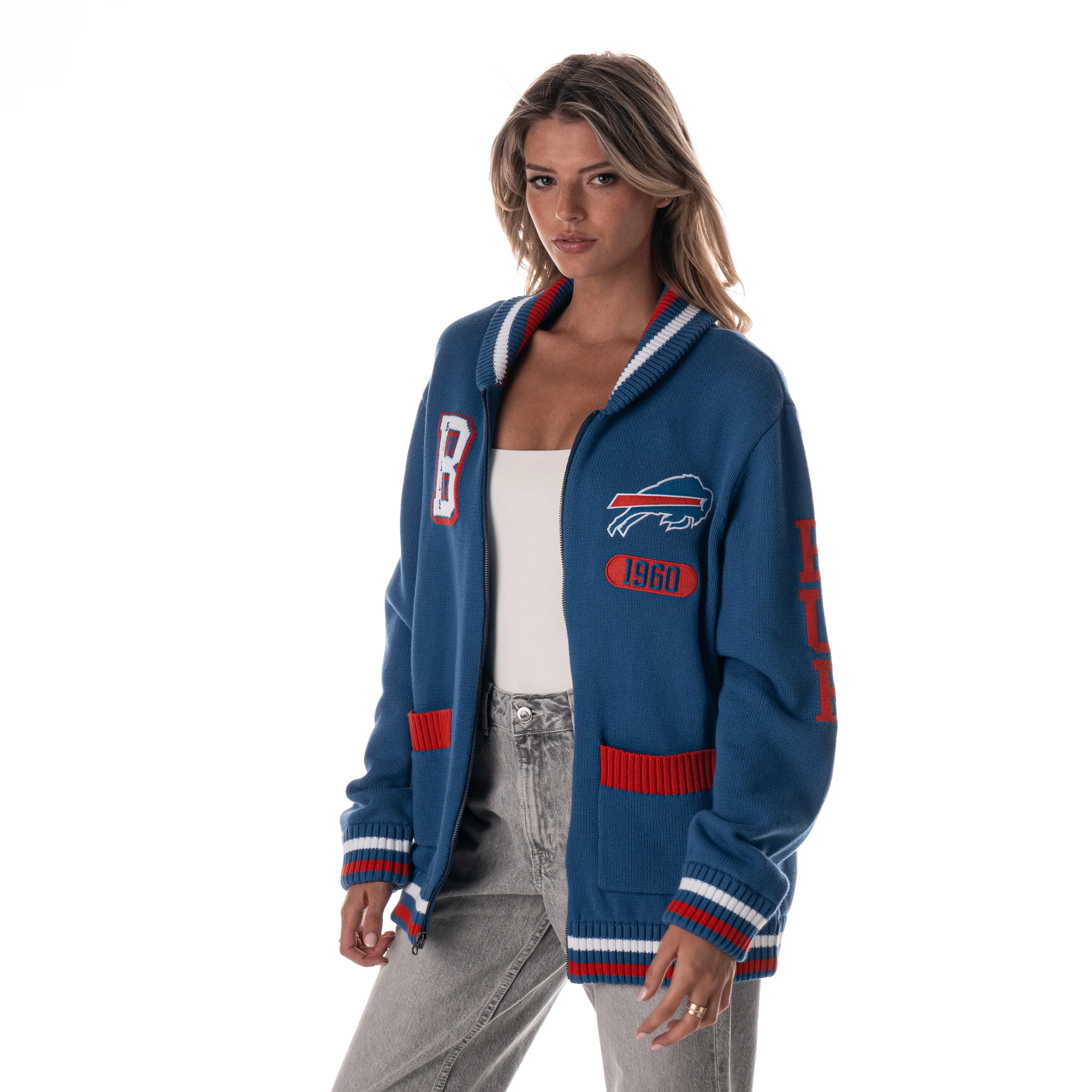 Buffalo Bills Unisex Jacquard Zip Front Sweater - Black - Image 3