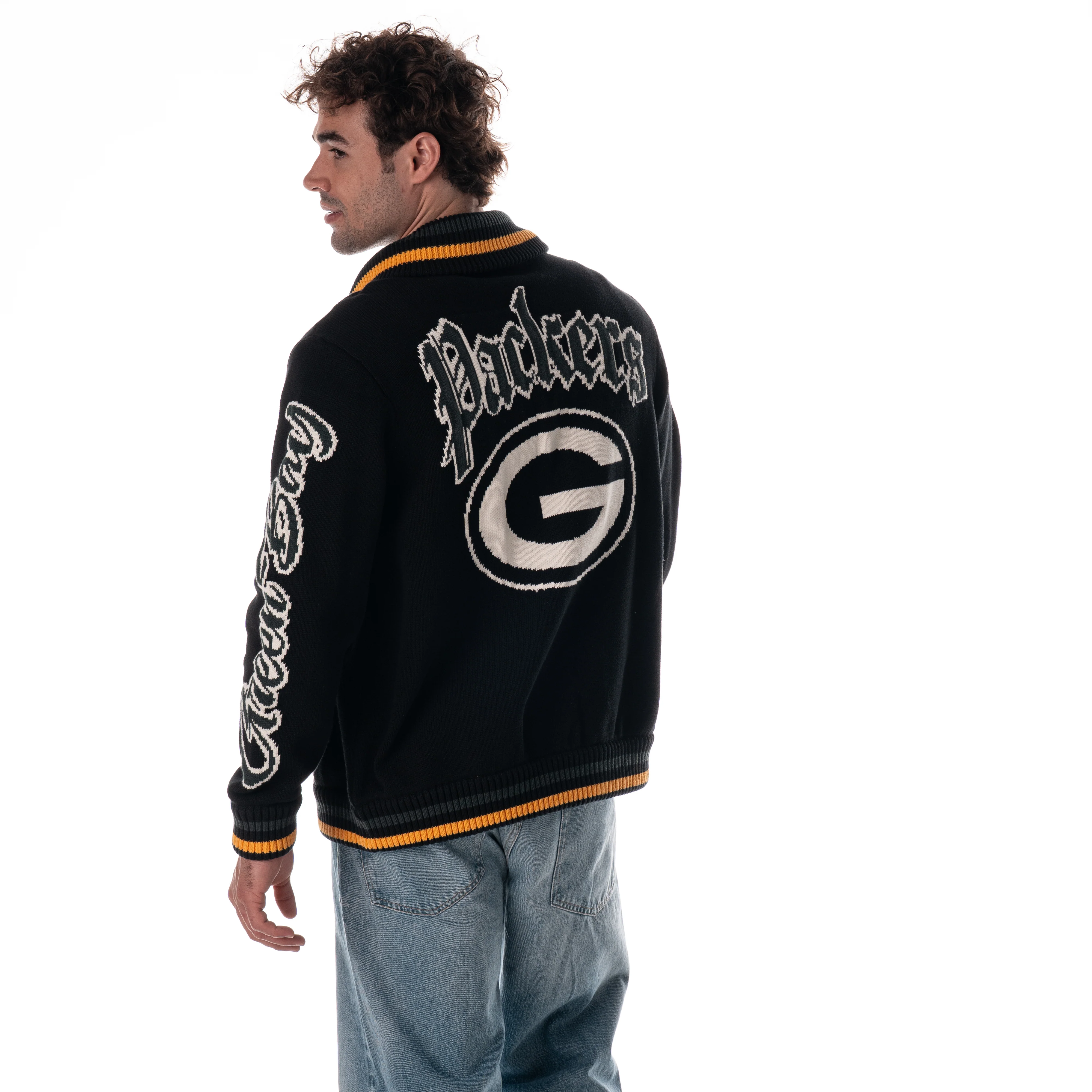 Green Bay Packers Unisex Jacquard Zip Front Sweater - Black - Image 4