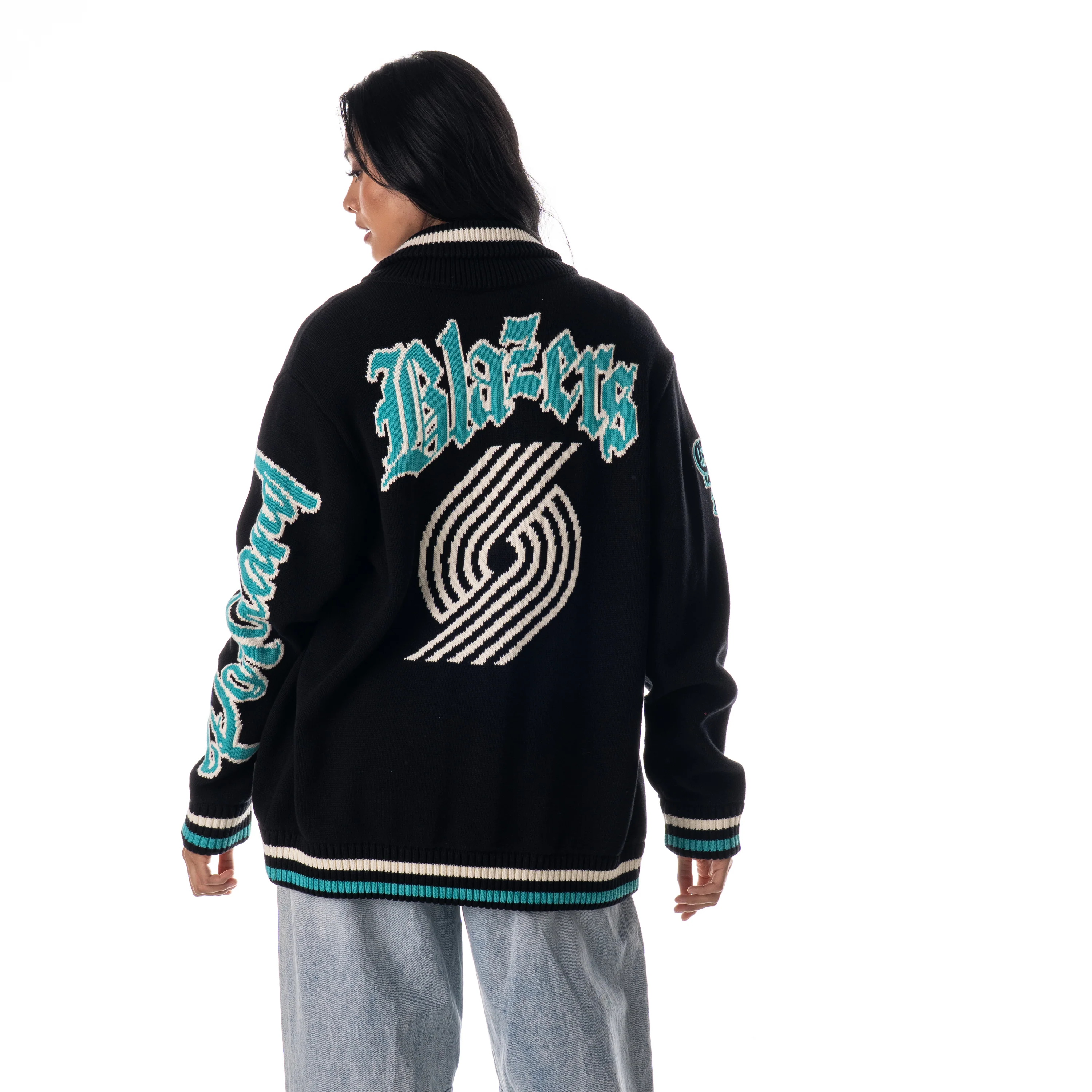 Portland Trailblazers Jacquard Zip Front Sweater - Black - Image 3