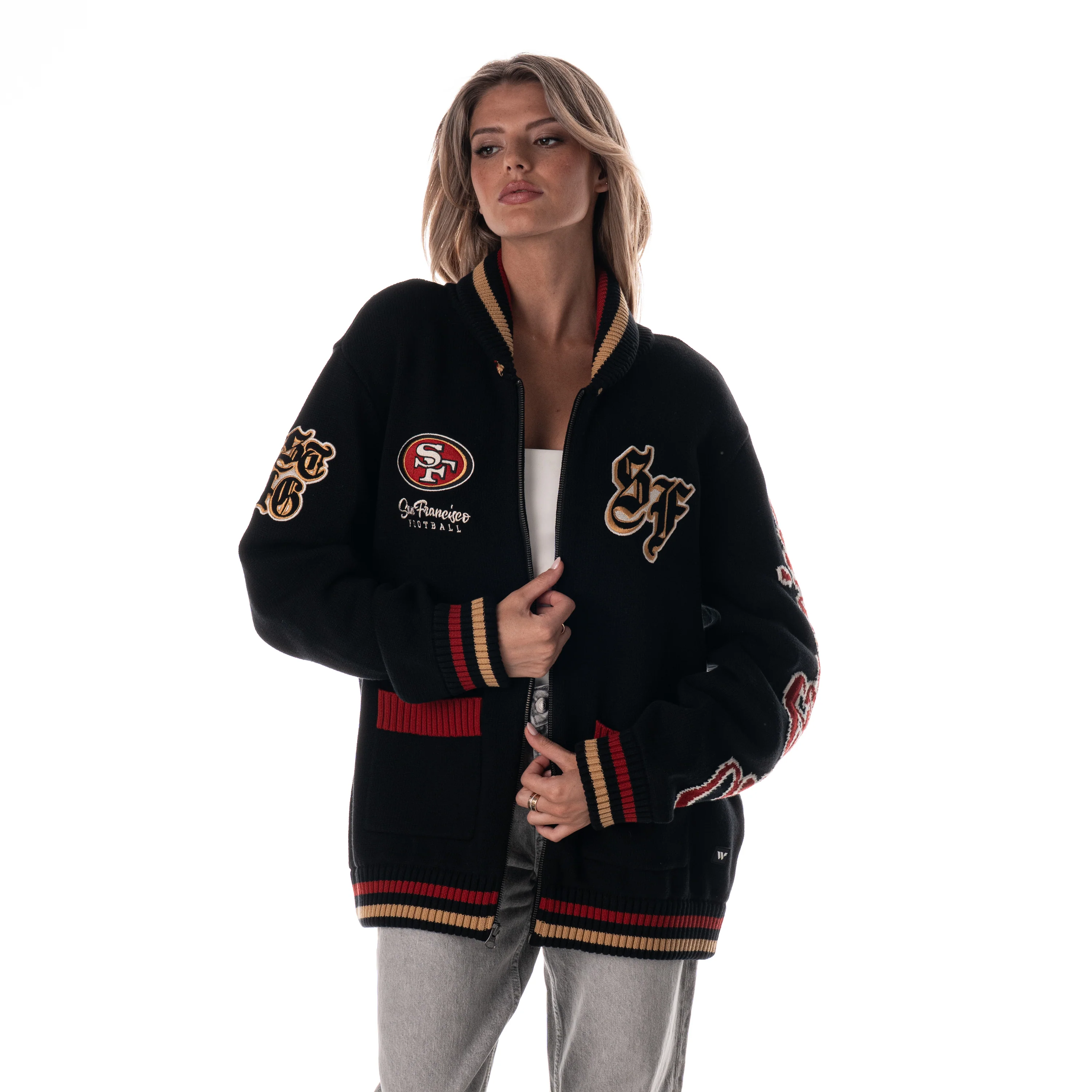 San Francisco 49ers Unisex Jacquard Zip Front Sweater - Black - Image 2