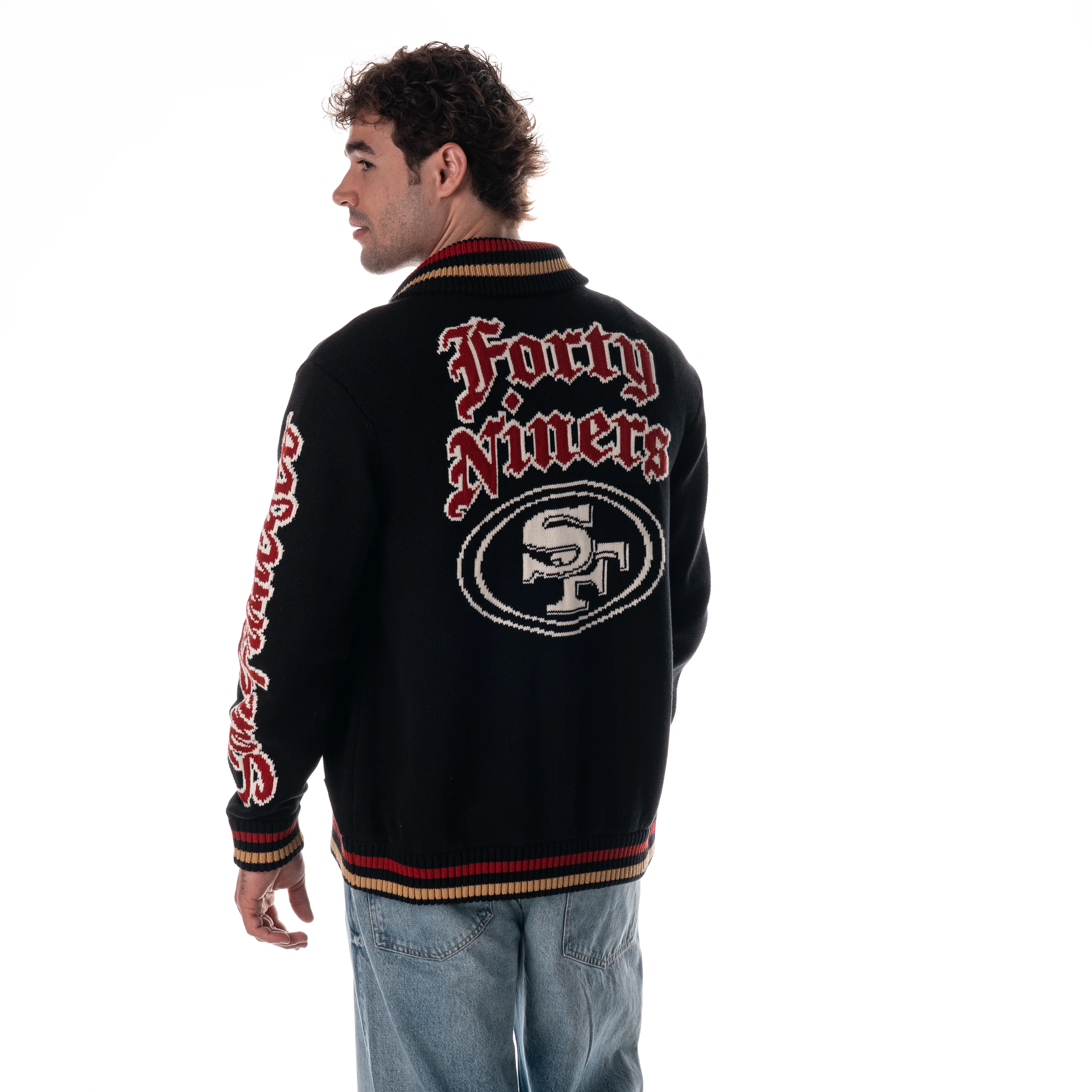 San Francisco 49ers Unisex Jacquard Zip Front Sweater - Black - Image 3