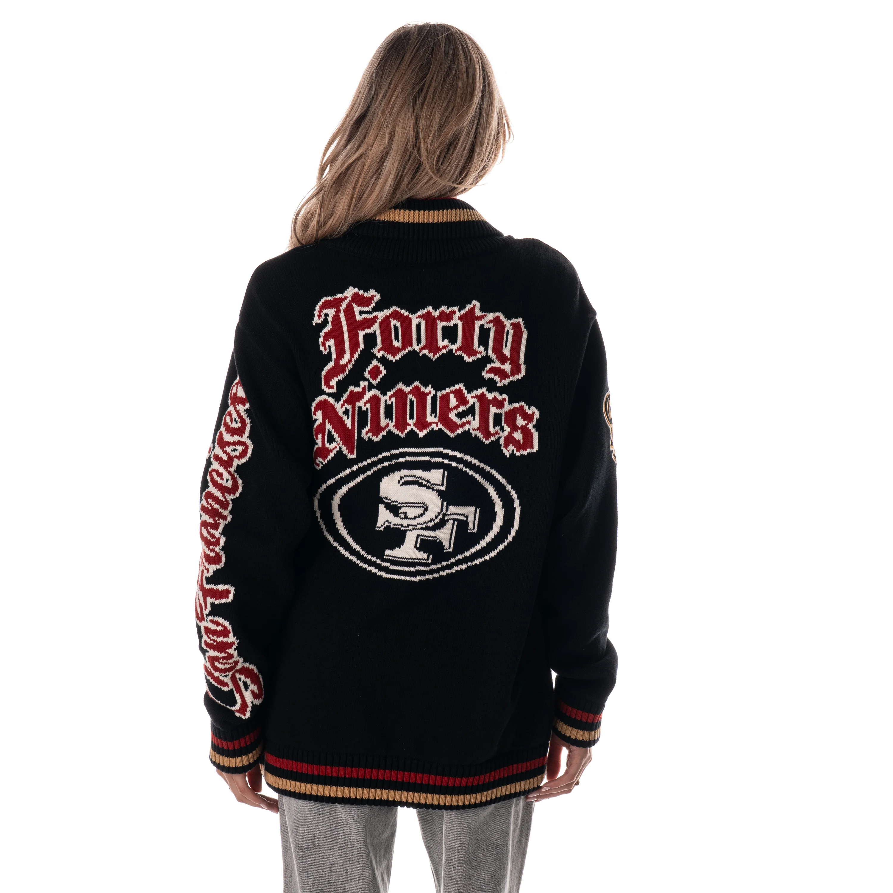 San Francisco 49ers Unisex Jacquard Zip Front Sweater - Black - Image 4