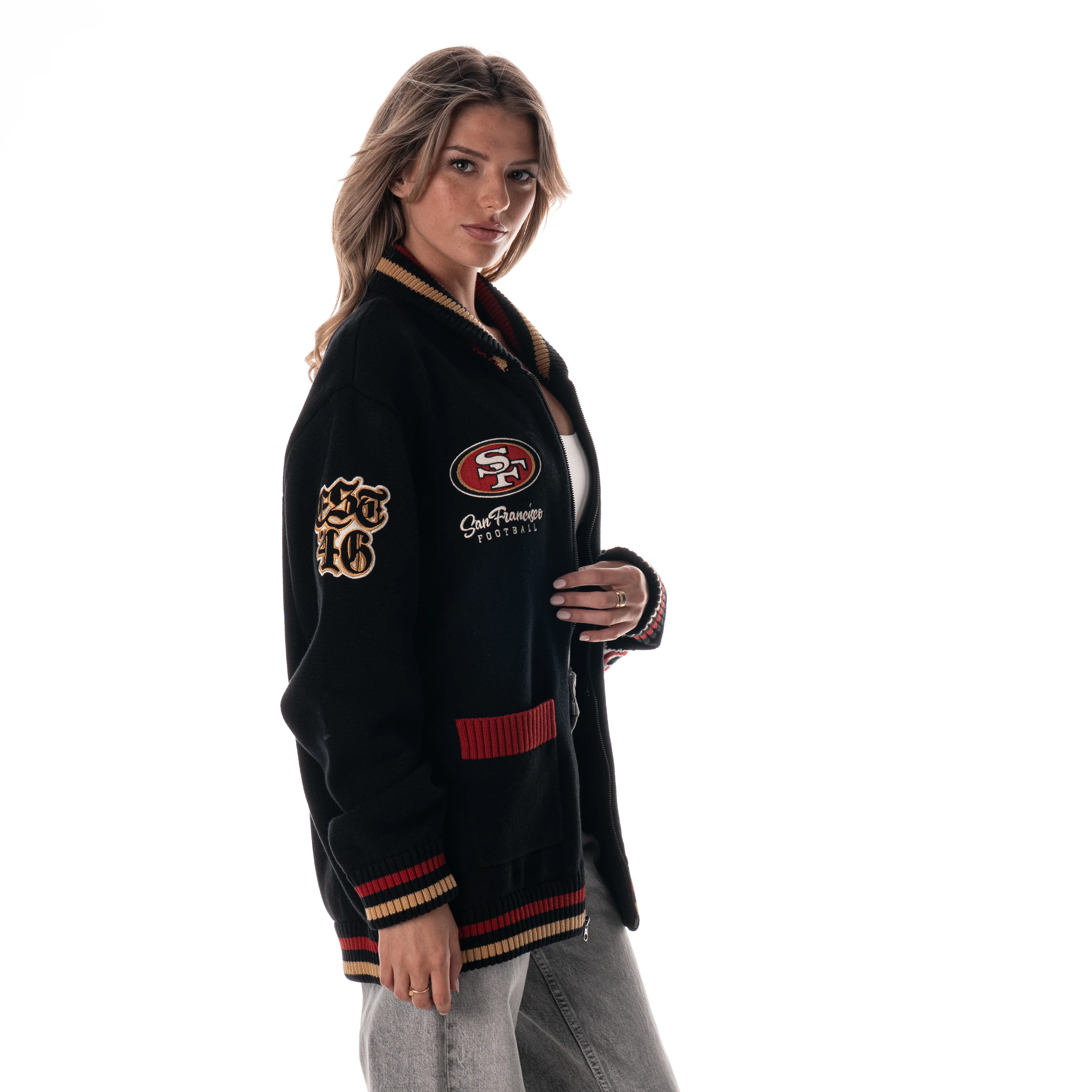 San Francisco 49ers Unisex Jacquard Zip Front Sweater - Black - Image 5