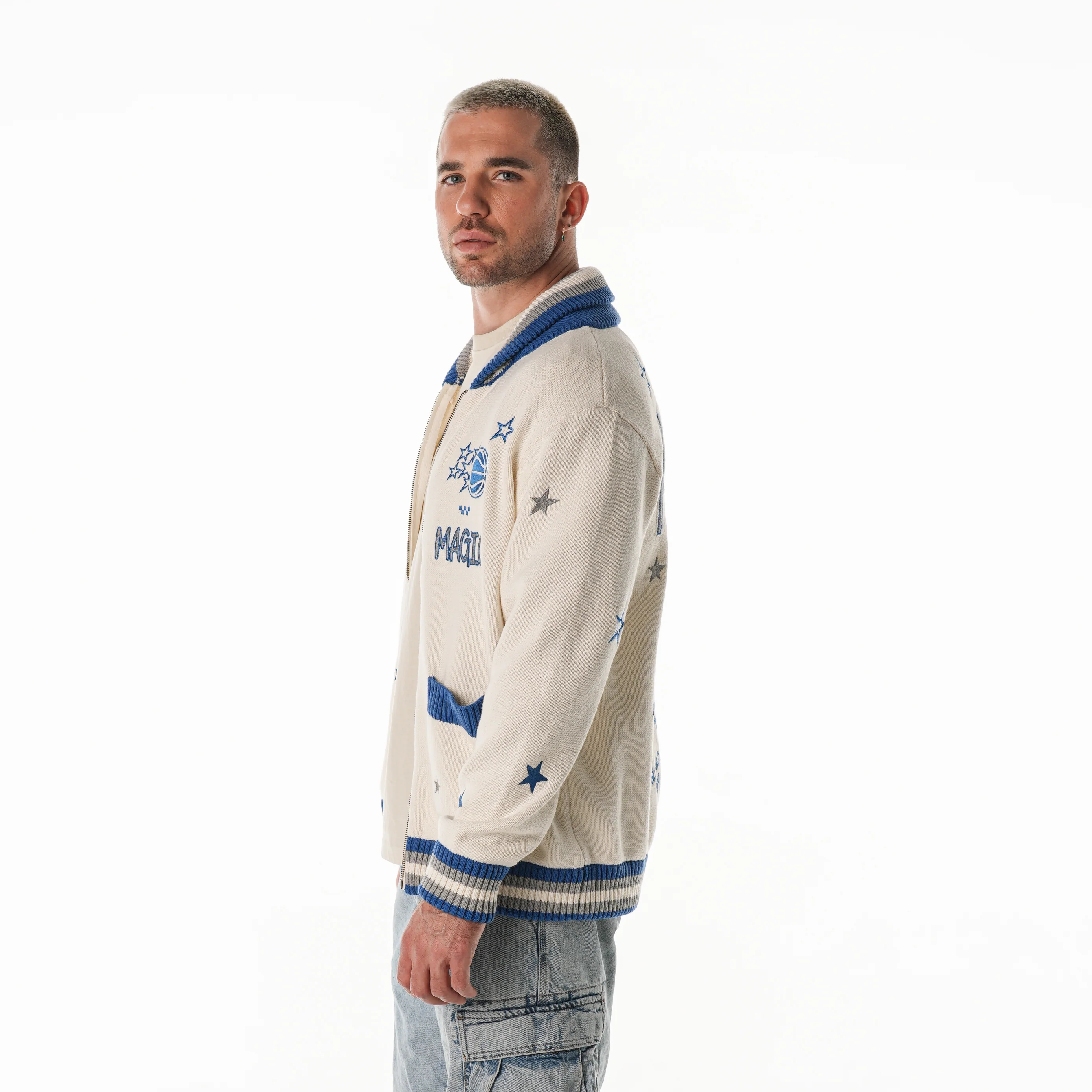Orlando Magic Unisex Jacquard Zip Front Sweater - Cream - Image 3