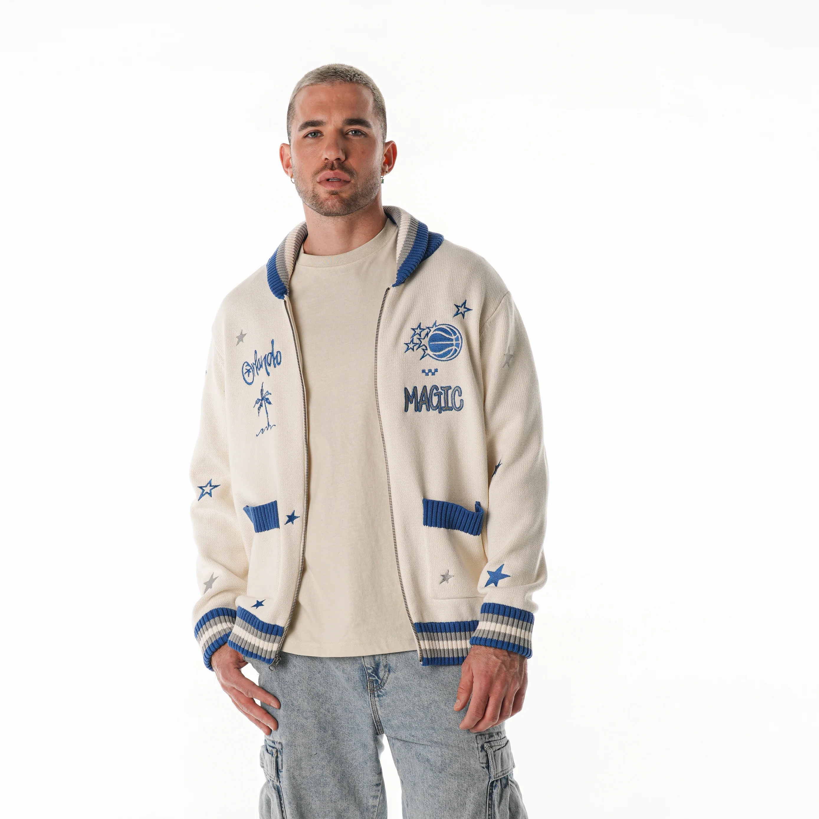 Orlando Magic Unisex Jacquard Zip Front Sweater - Cream - Image 4