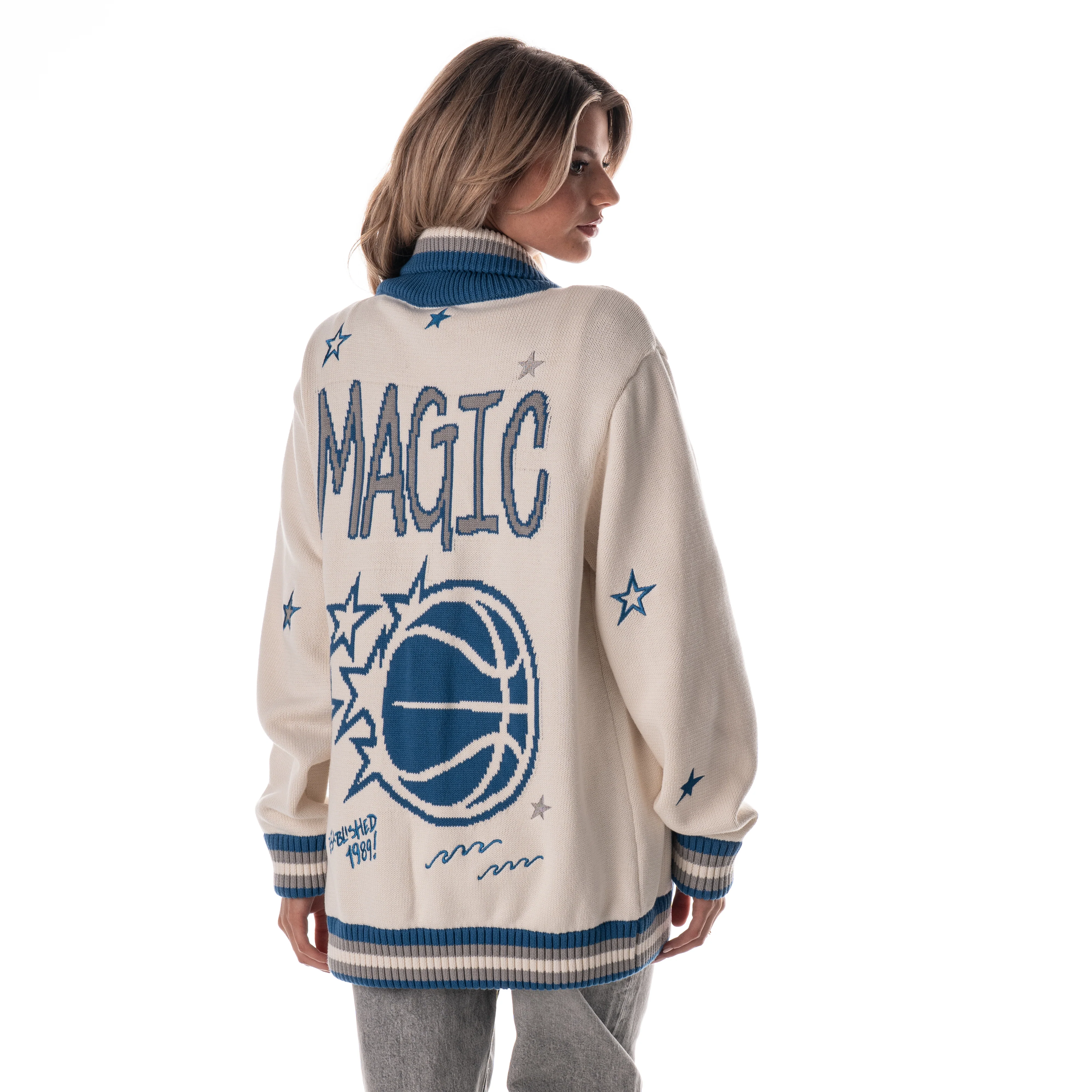 Orlando Magic Unisex Jacquard Zip Front Sweater - Cream - Image 5