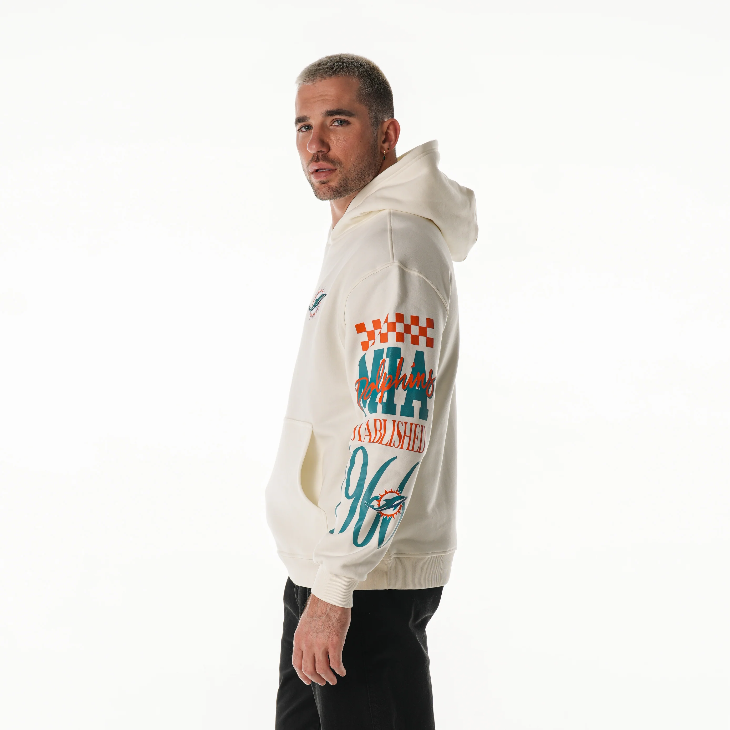 Miami Dolphins Unisex Graphic Sleeve Hoodie - Vintage White - Image 3