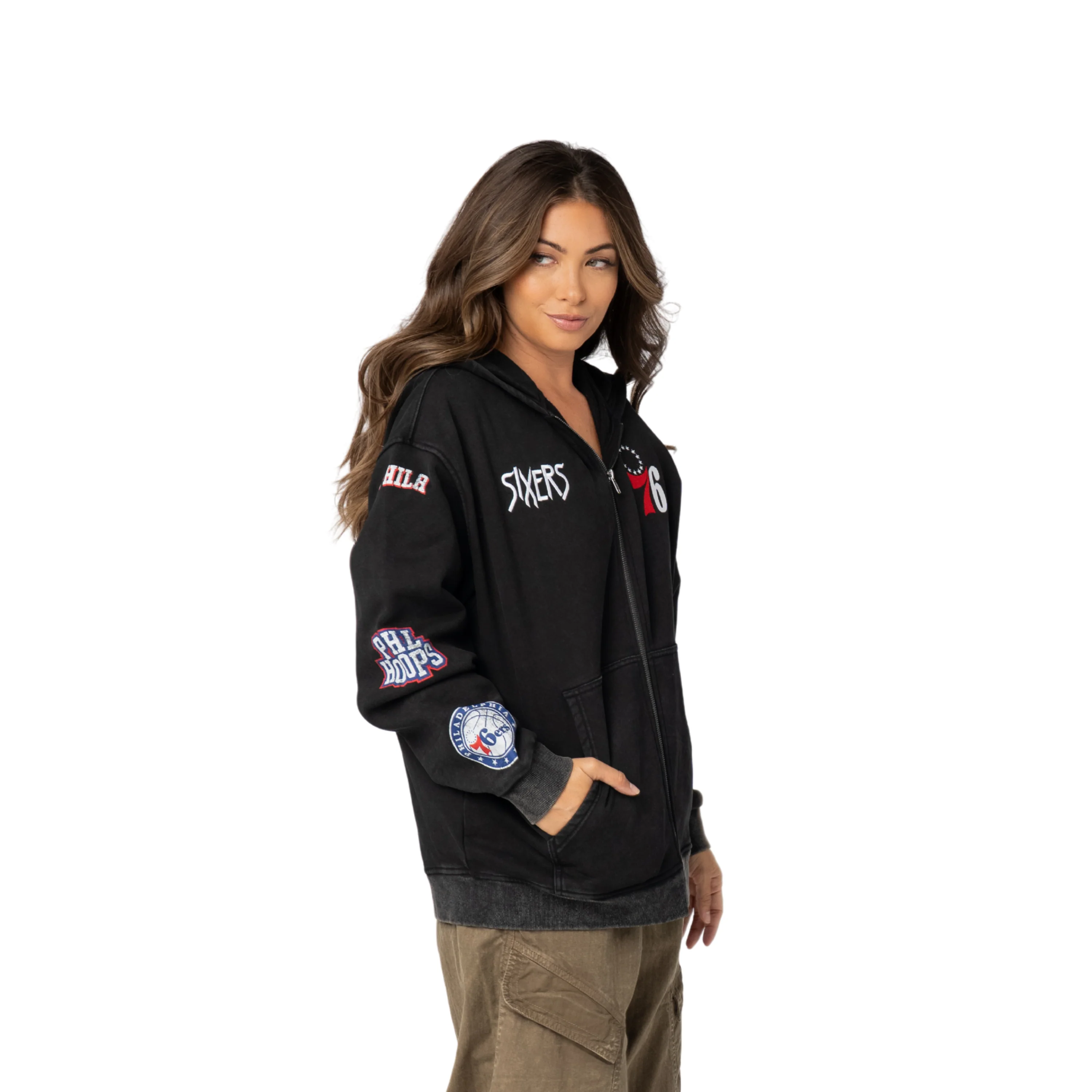 Philadelphia 76ers Unisex Logo Sleeve Full Zip Hoodie - Black - Image 2