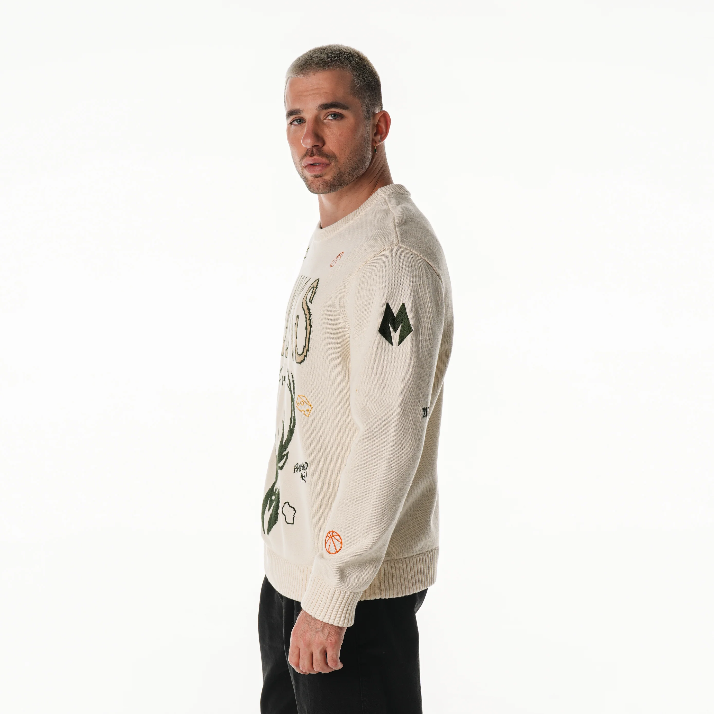 Milwaukee Bucks Unisex All Over Jacquard Crew Sweater - Cream - Image 3