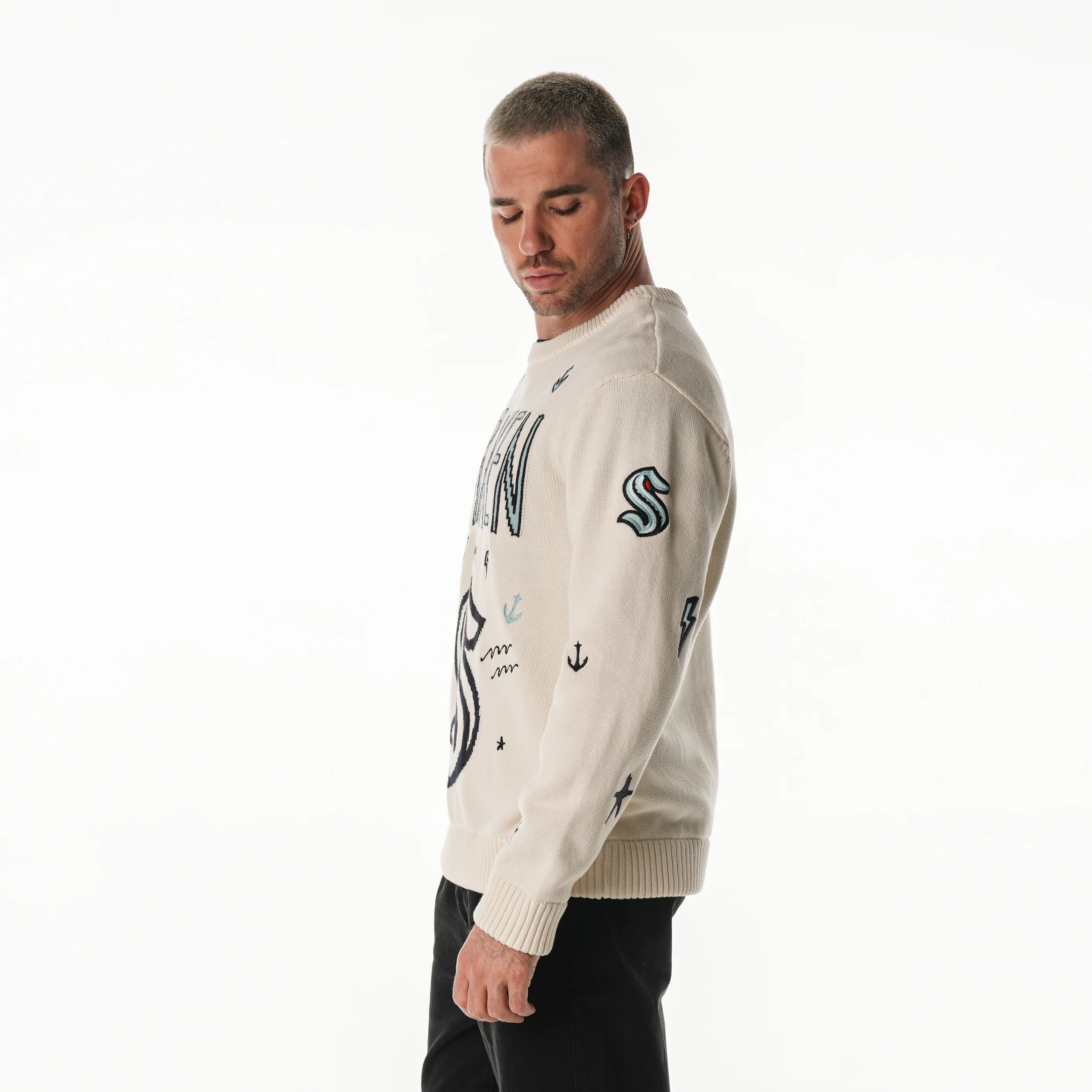 Seattle Kraken Unisex All Over Jacquard Crew Sweater - Cream - Image 3