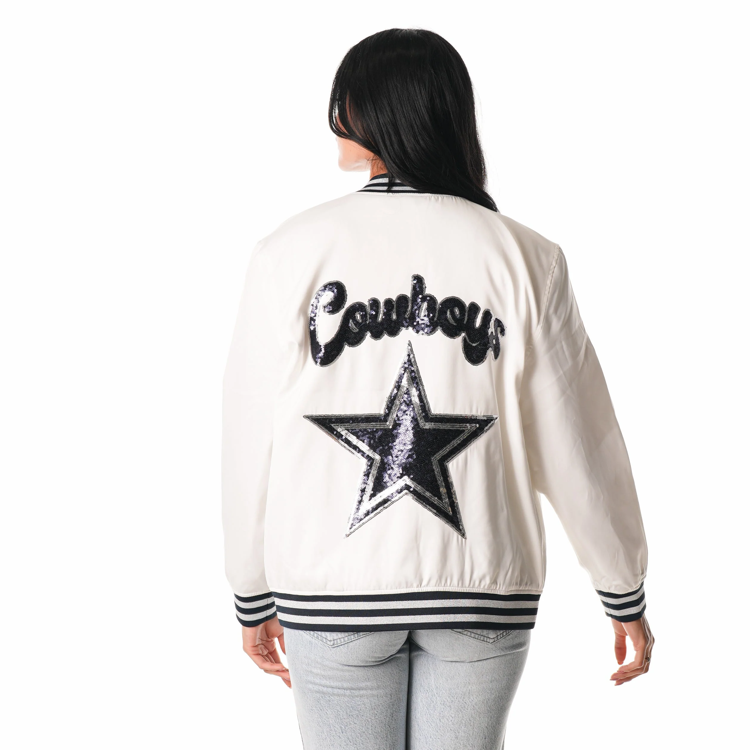 Dallas Cowboys Bomber Jacket w/ Sequin Logo - White - Image 3