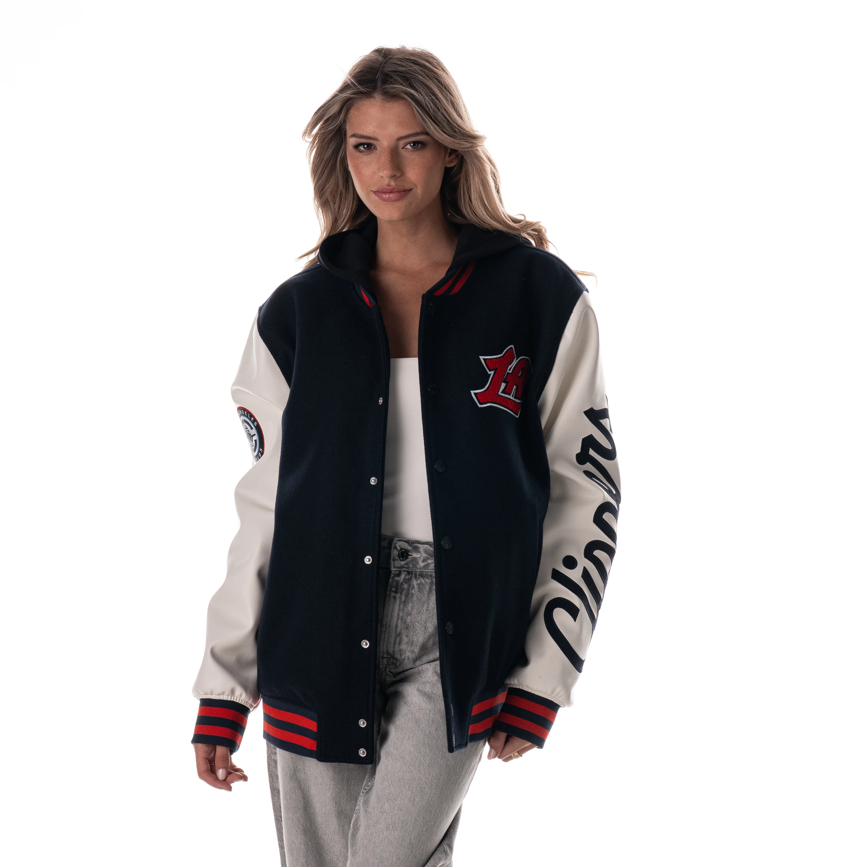 Los Angeles Clippers Unisex Varsity Hooded Jacket - Navy/White - Image 3