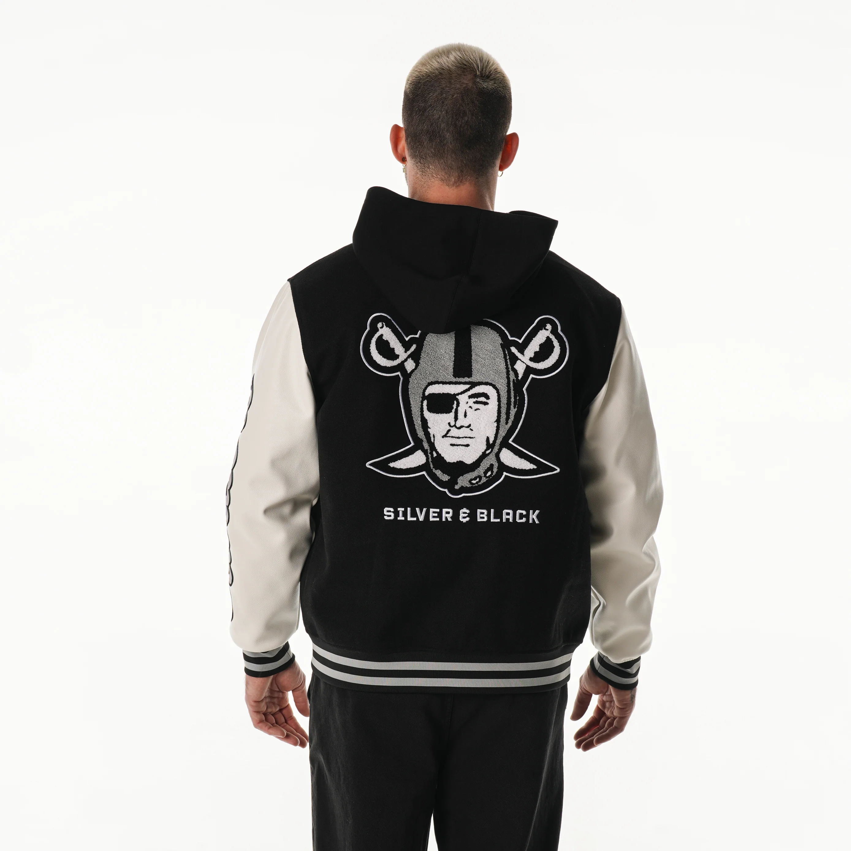 Las Vegas Raiders Unisex Hooded Varsity Jacket – Black - Image 3