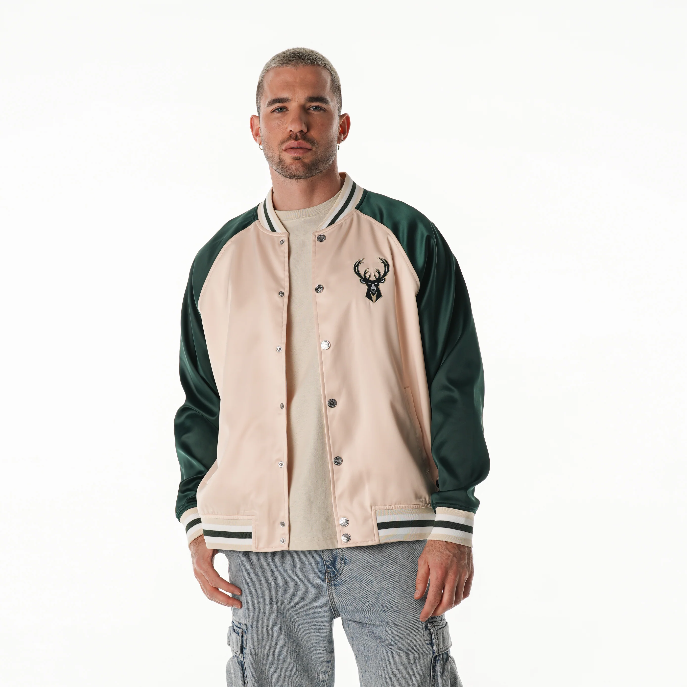 Milwaukee Bucks Unisex Satin Raglan Bomber - Cream/Green - Image 3
