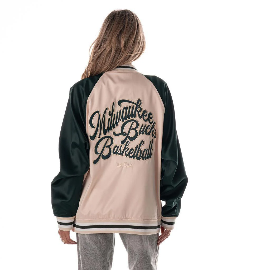 Milwaukee Bucks Unisex Satin Raglan Bomber - Cream/Green - Image 4