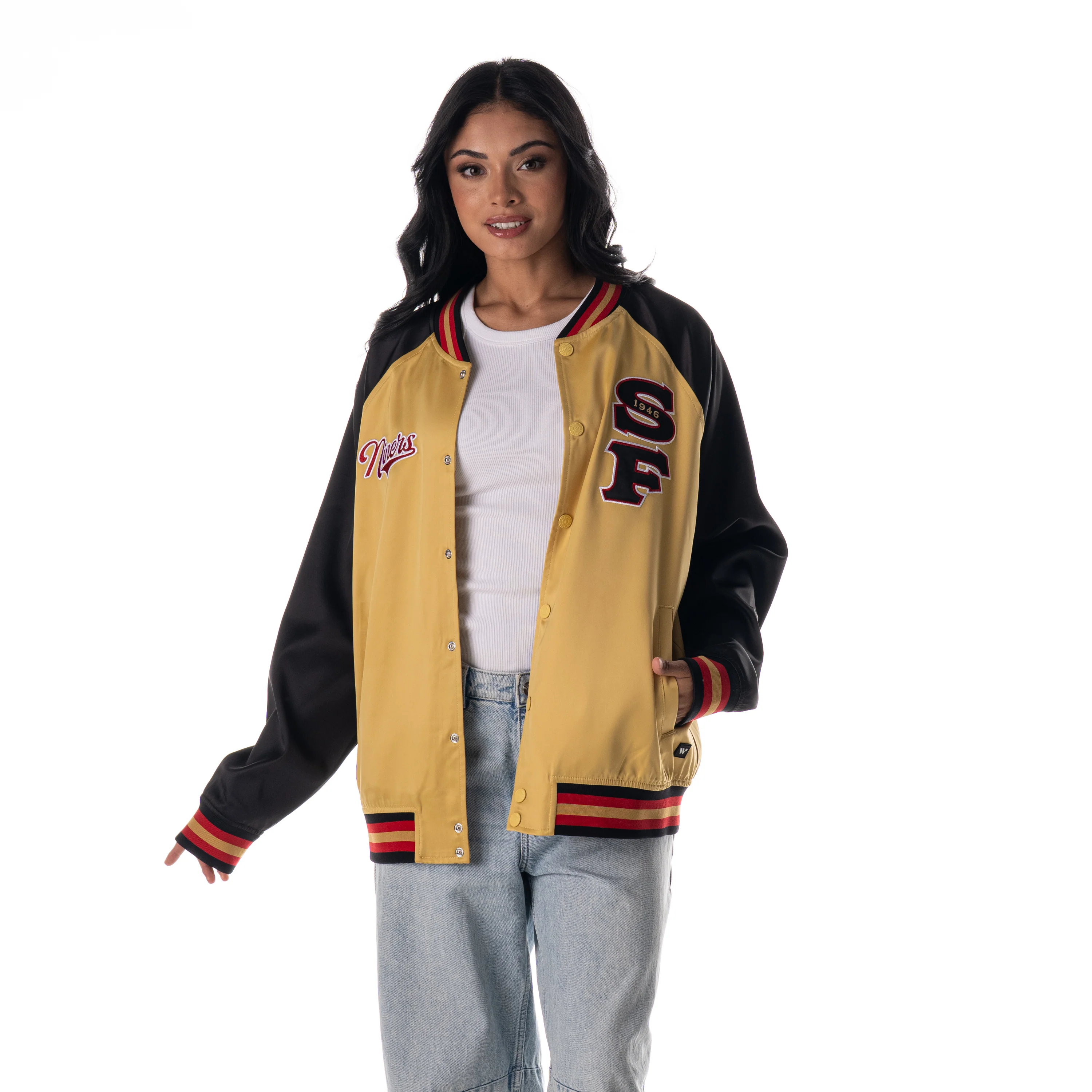 San Francisco 49ers Unisex Satin Raglan Bomber - Gold - Image 2