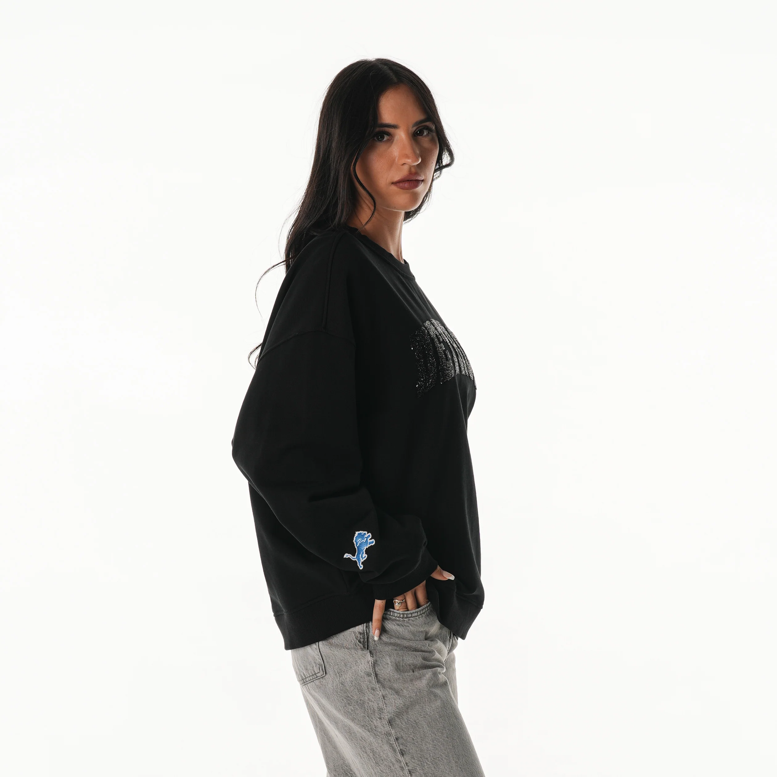 Detroit Lions Women's Crystal Rock Crew Neck Fleece - Black - Image 3