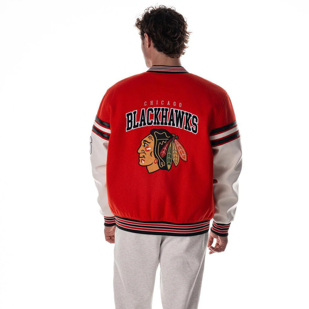 Chicago Blackhawks Unisex Drop Shoulder Varsity Jacket - Red - Image 3