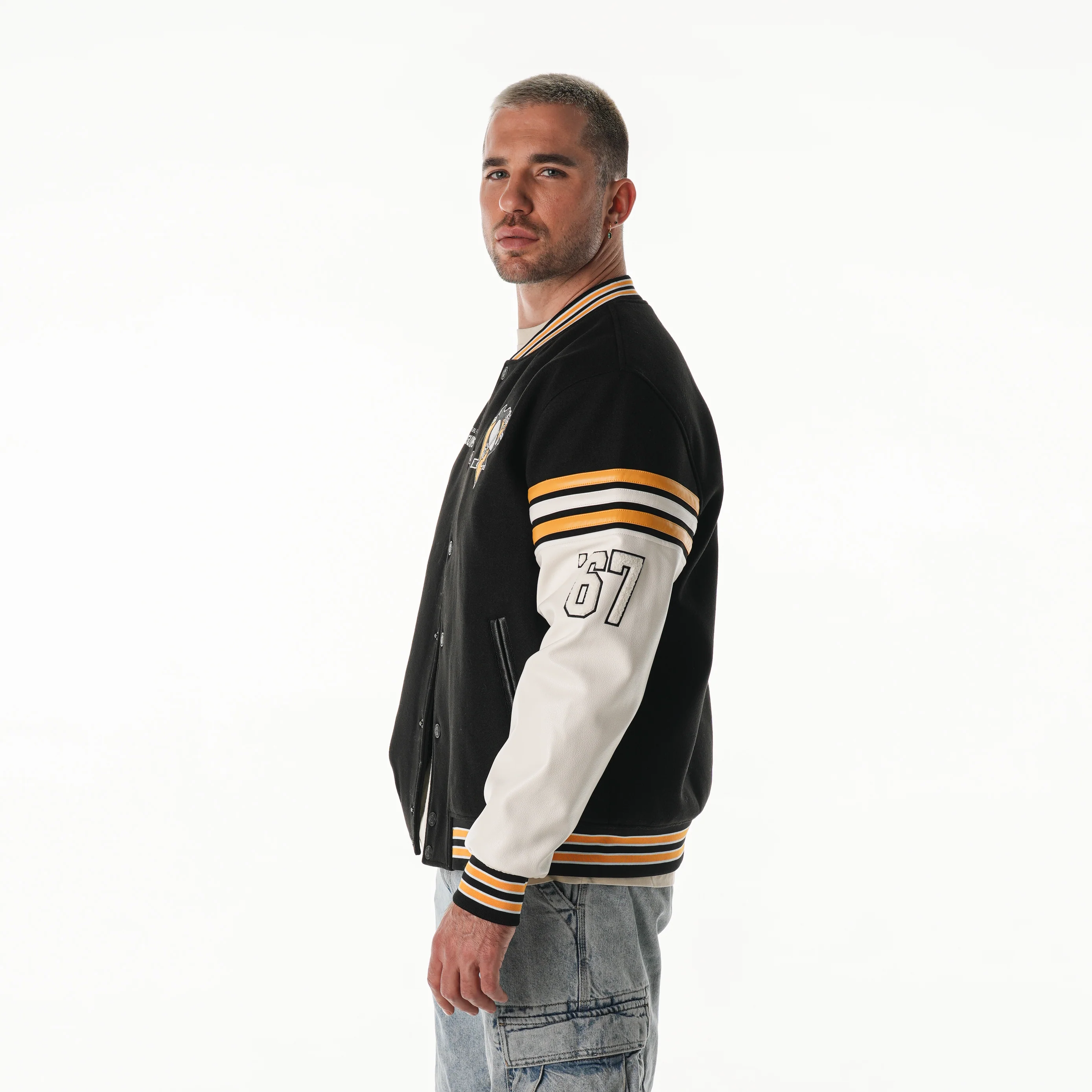 Pittsburgh Penguins Unisex Drop Shoulder Varsity Jacket - Black - Image 3
