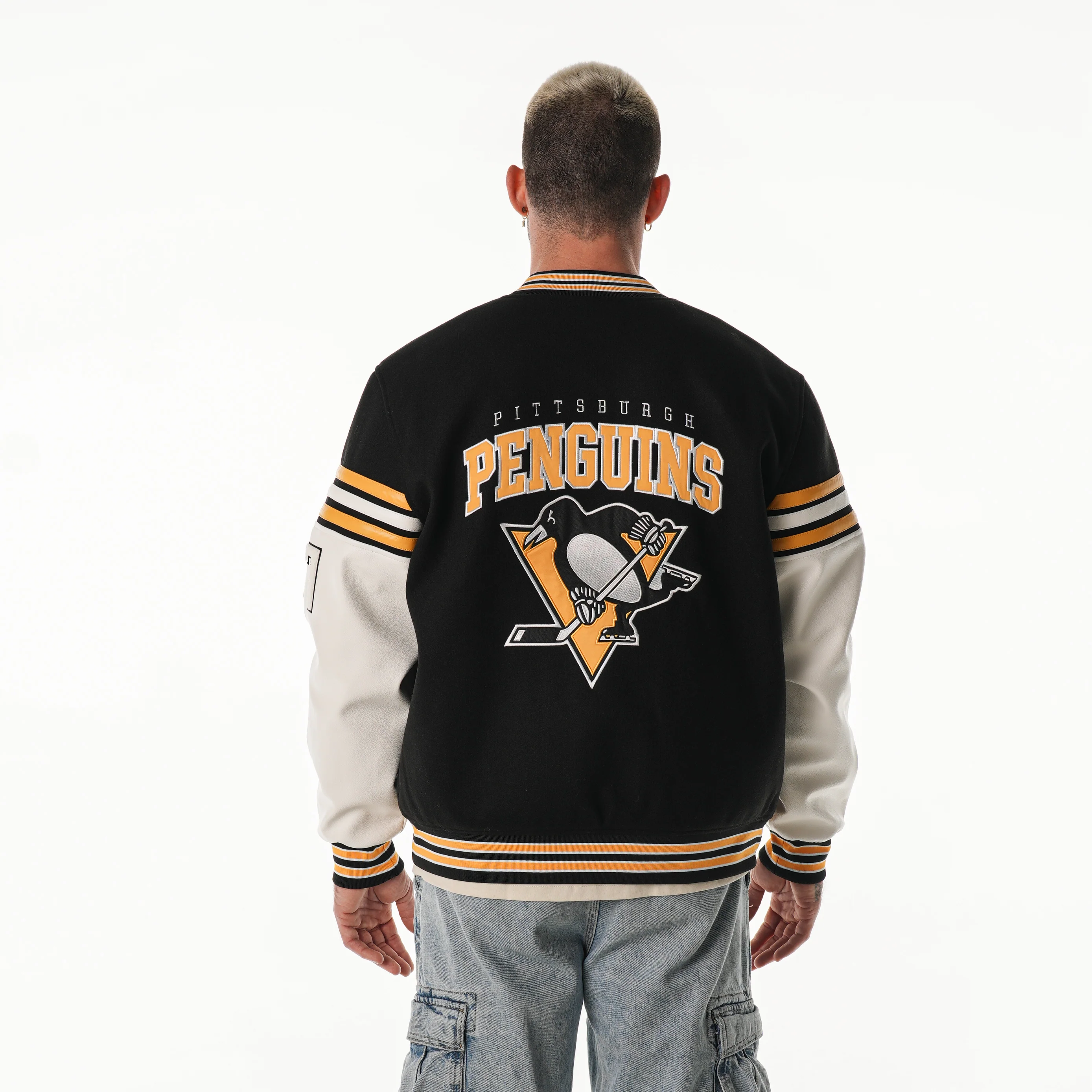 Pittsburgh Penguins Unisex Drop Shoulder Varsity Jacket - Black - Image 4