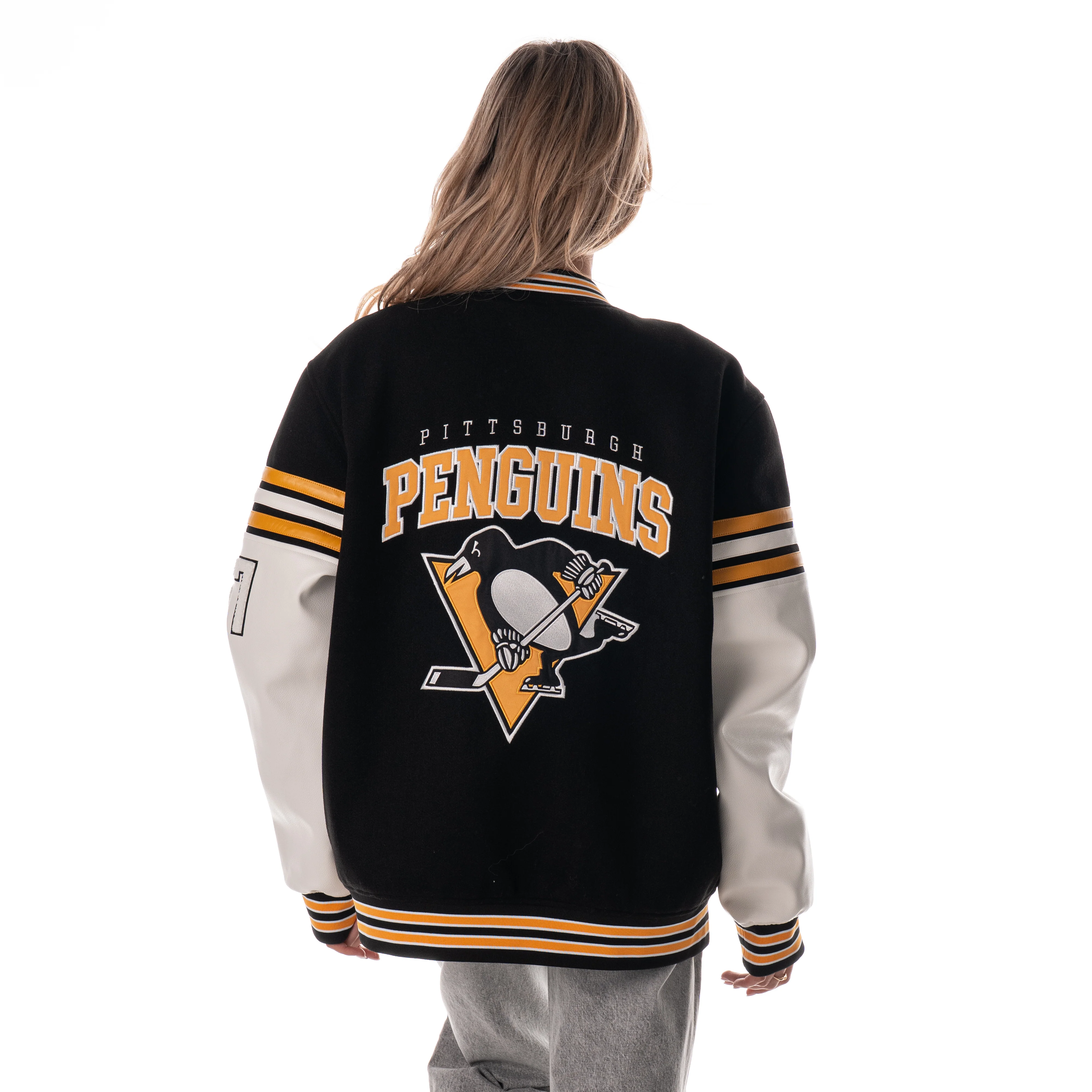 Pittsburgh Penguins Unisex Drop Shoulder Varsity Jacket - Black - Image 5