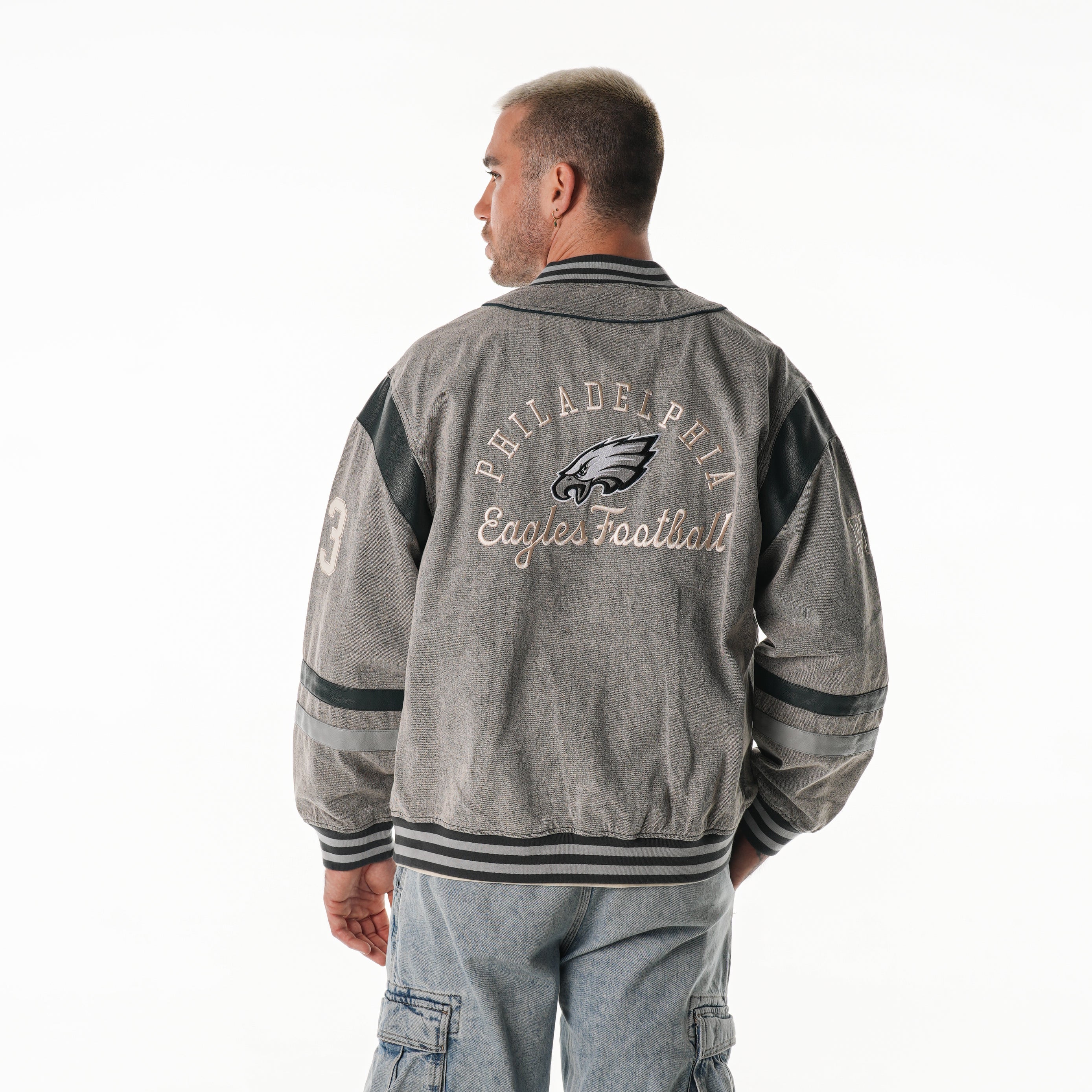 Philadelphia Eagles Unisex Retro Oversized Denim Jacket - Grey - Image 3