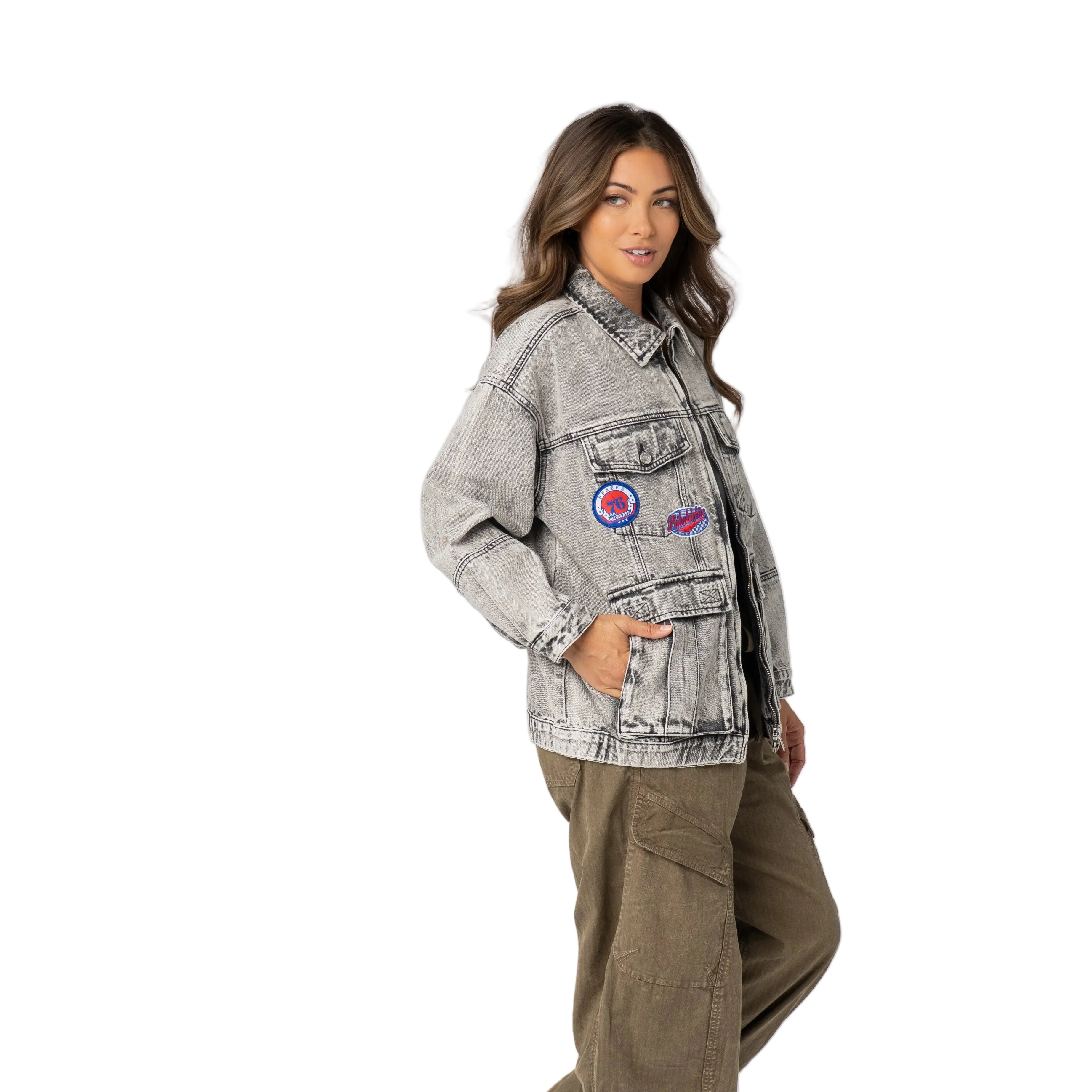 Philadelphia 76ers Women’s Oversized Denim Jacket – Grey Denim - Image 2