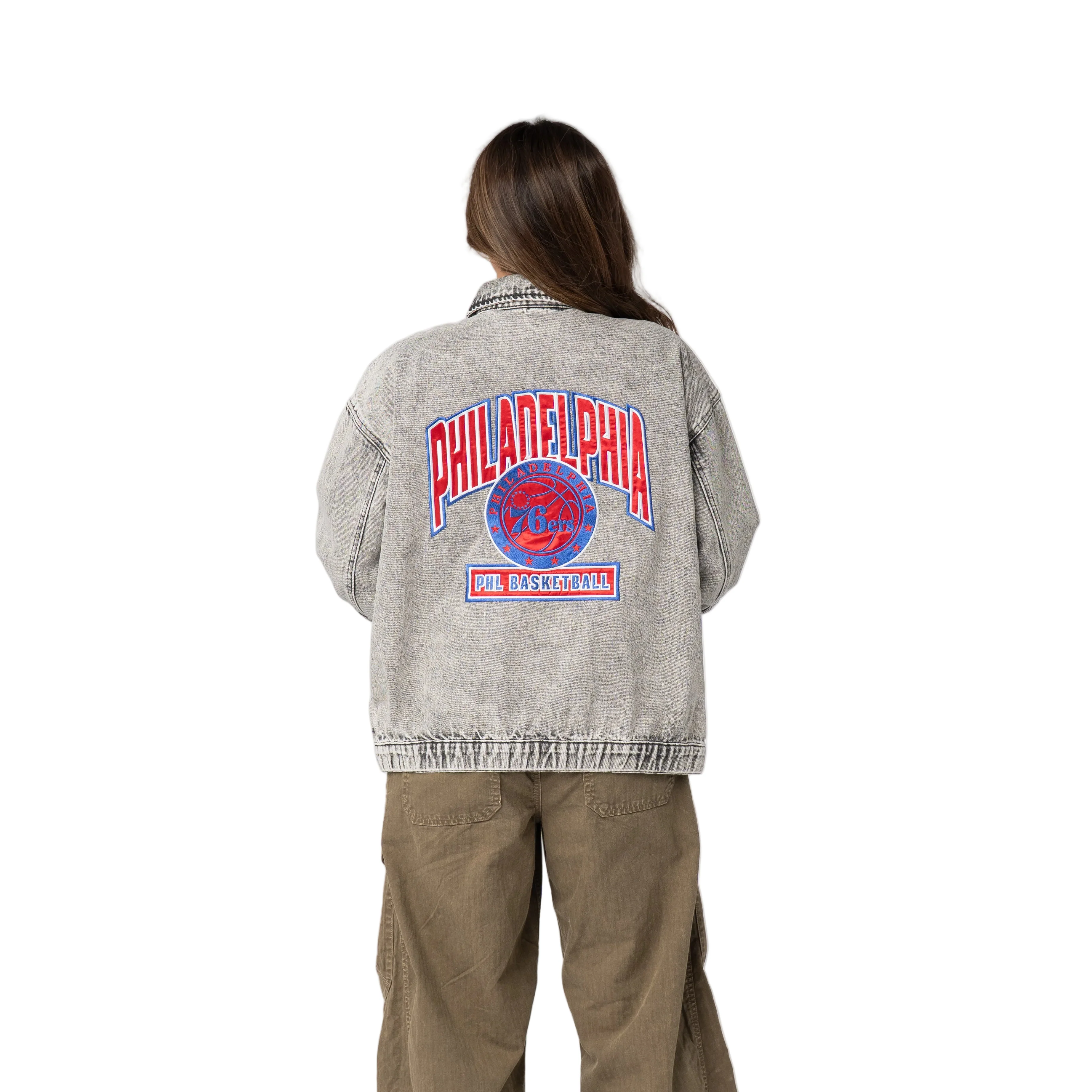 Philadelphia 76ers Women’s Oversized Denim Jacket – Grey Denim - Image 4