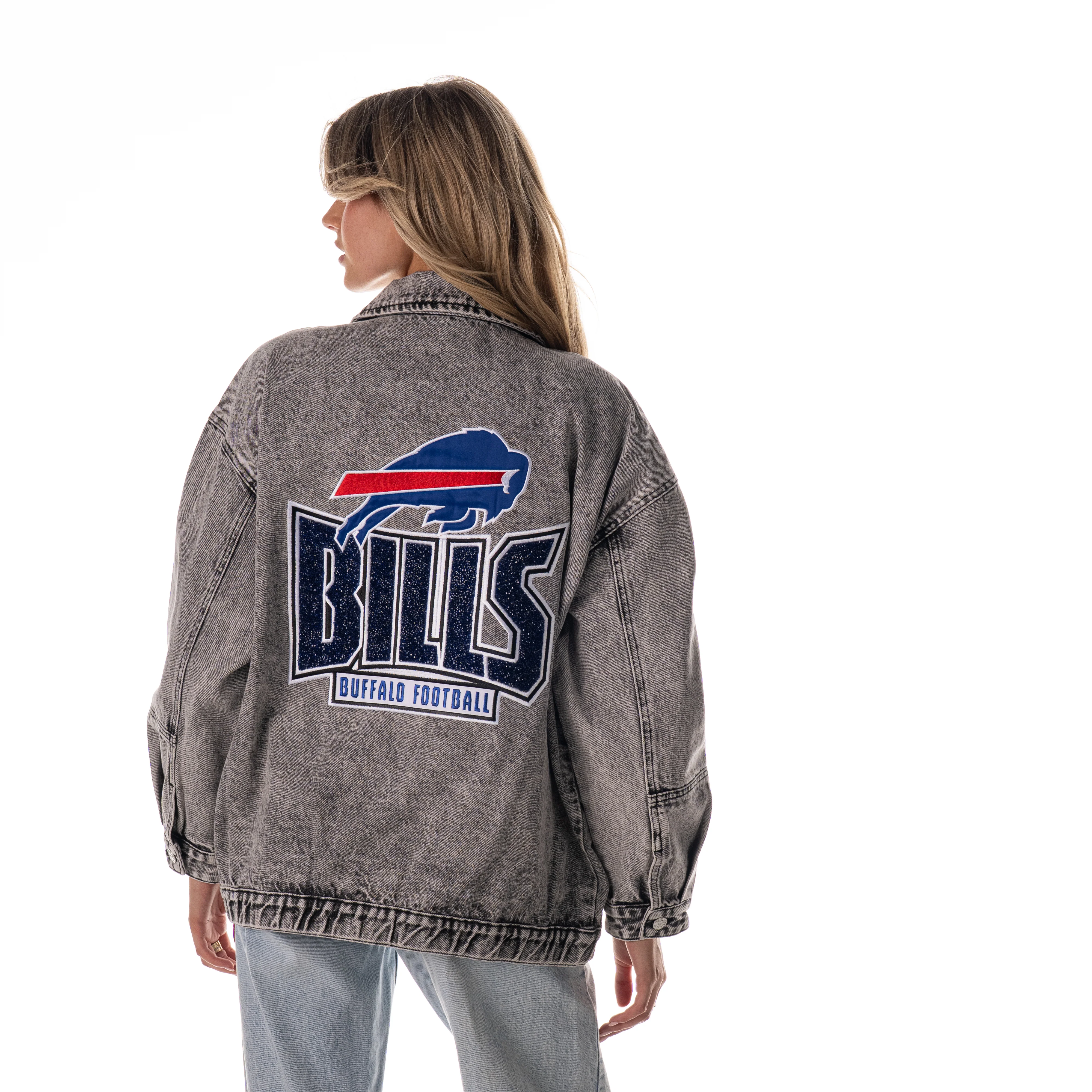 Buffalo Bills Women's Denim Jacket W/ Crystal Rock Detail - Grey Denim - Image 3