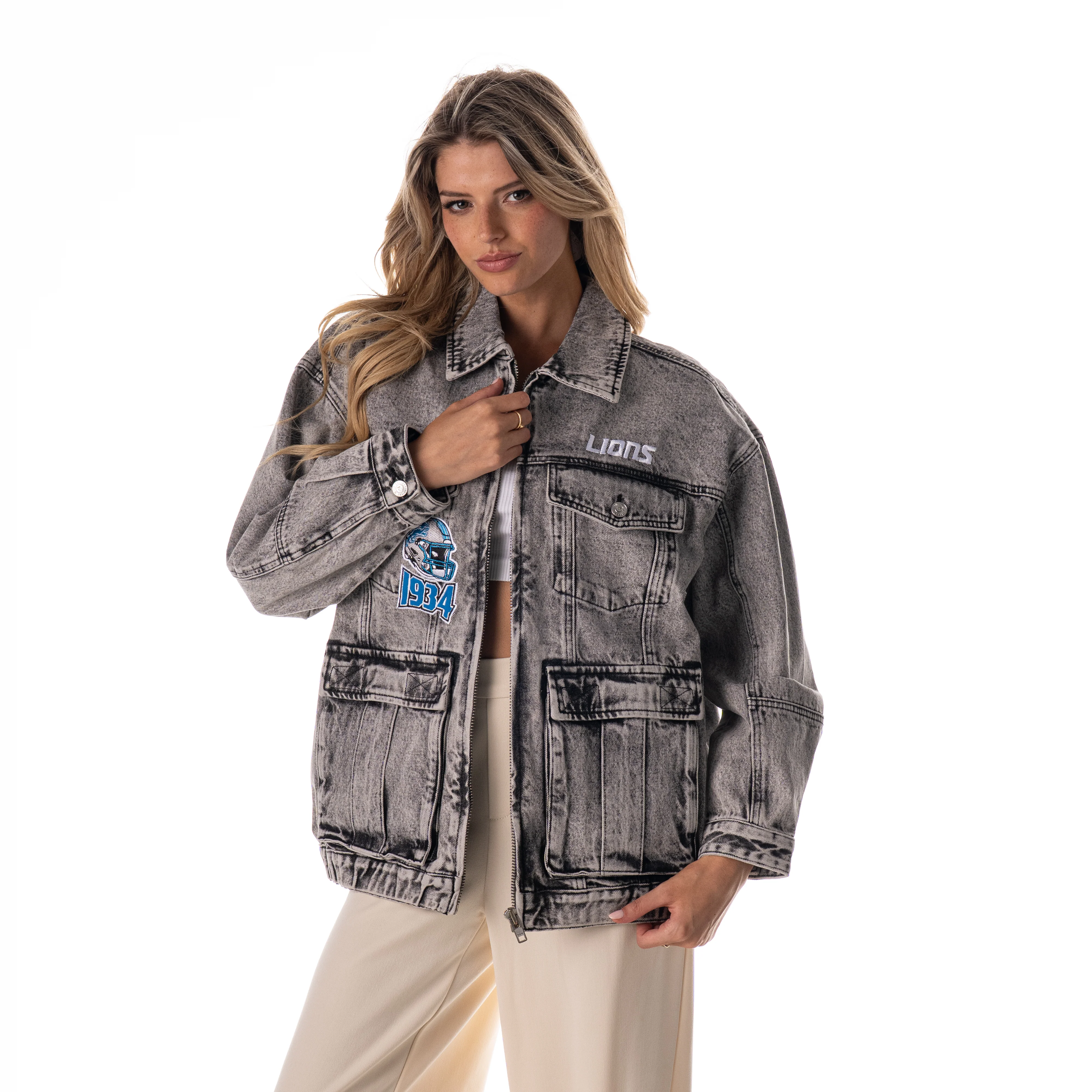 Detroit Lions Women's Denim Jacket w/ Crystal Rock Detail - Grey Denim - Image 3