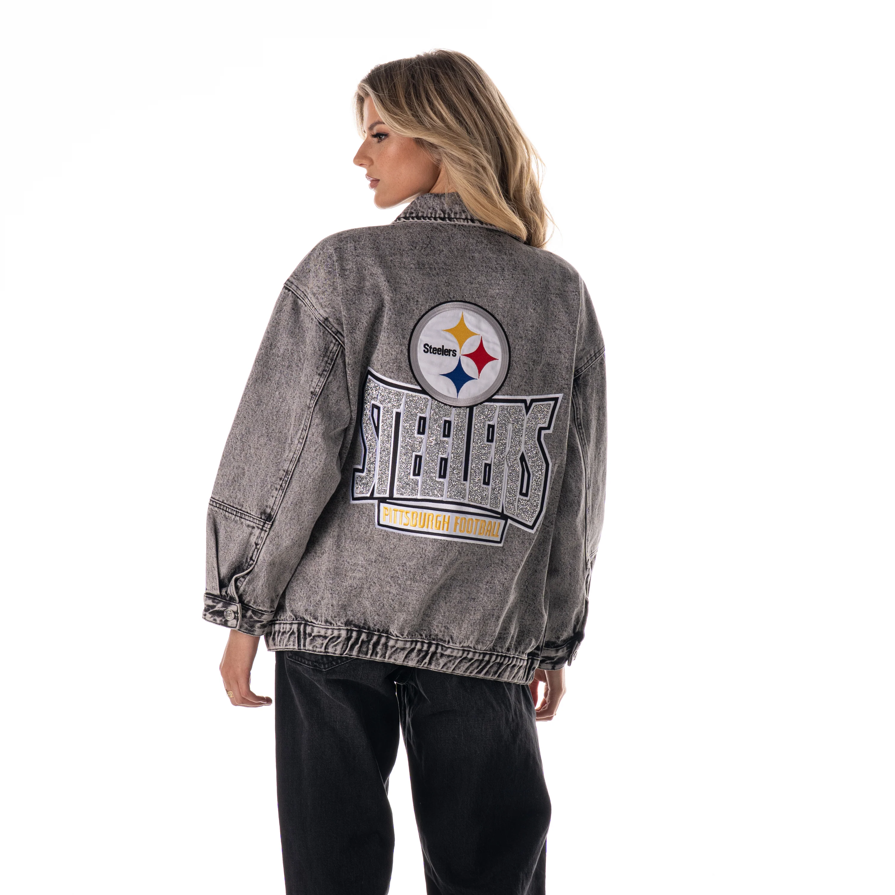 Pittsburgh Steelers Women's Denim Jacket w/ Crystal Rock Detail - Grey Denim - Image 3