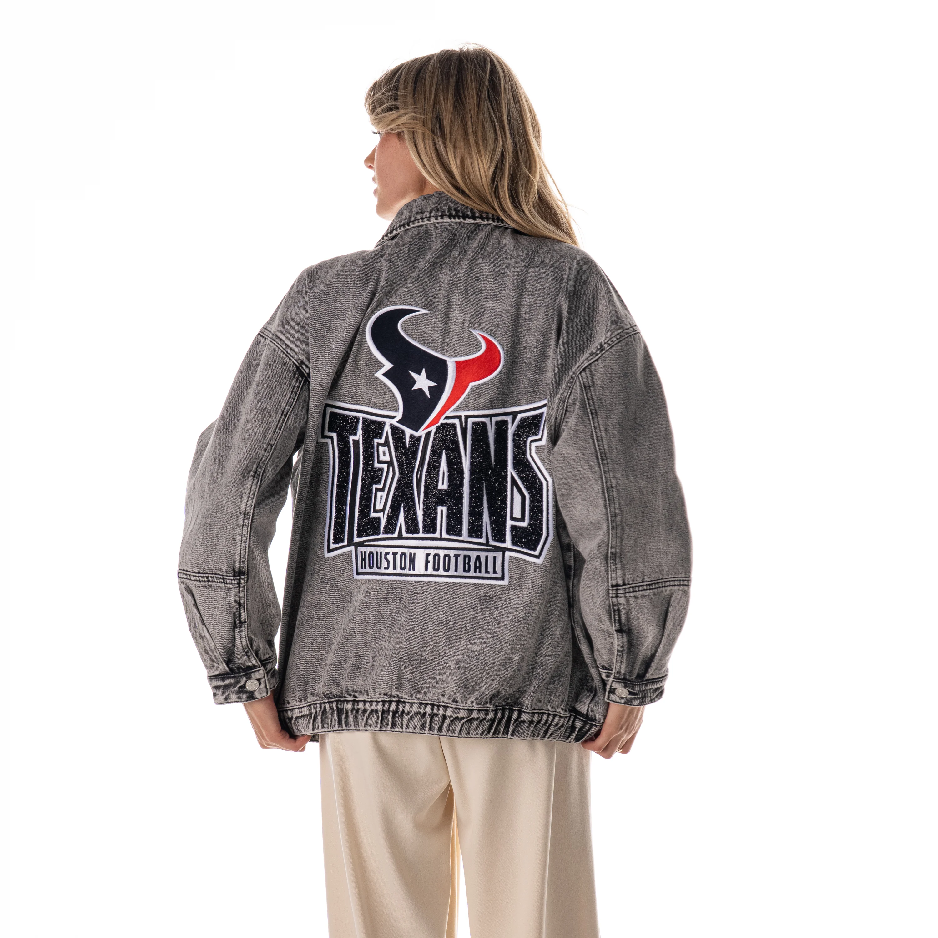 Houston Texans Women's Denim Jacket w/ Crystal Rock Detail - Grey Denim - Image 3