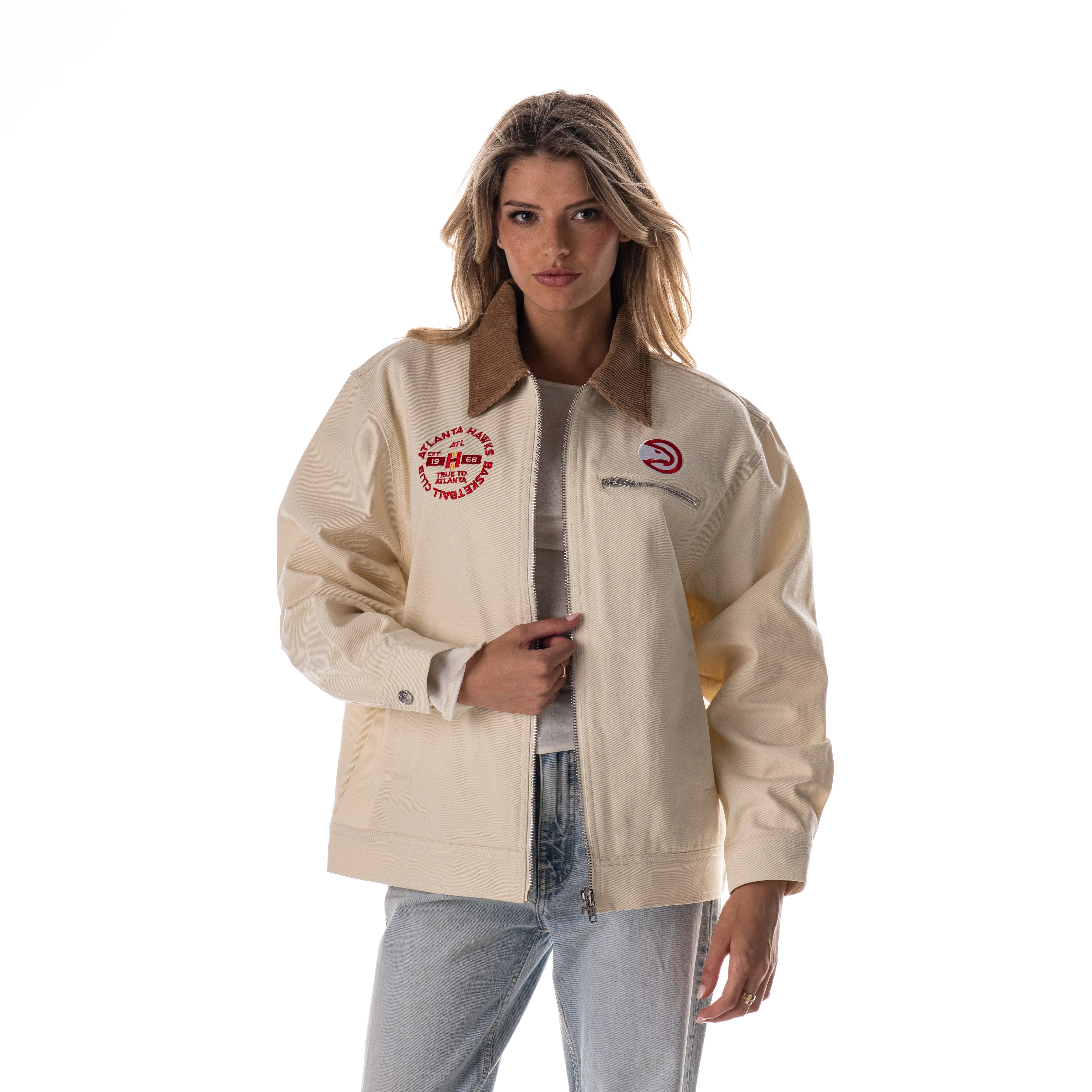 Atlanta Hawks Unisex Denim Zip Front Jacket - Cream - Image 3