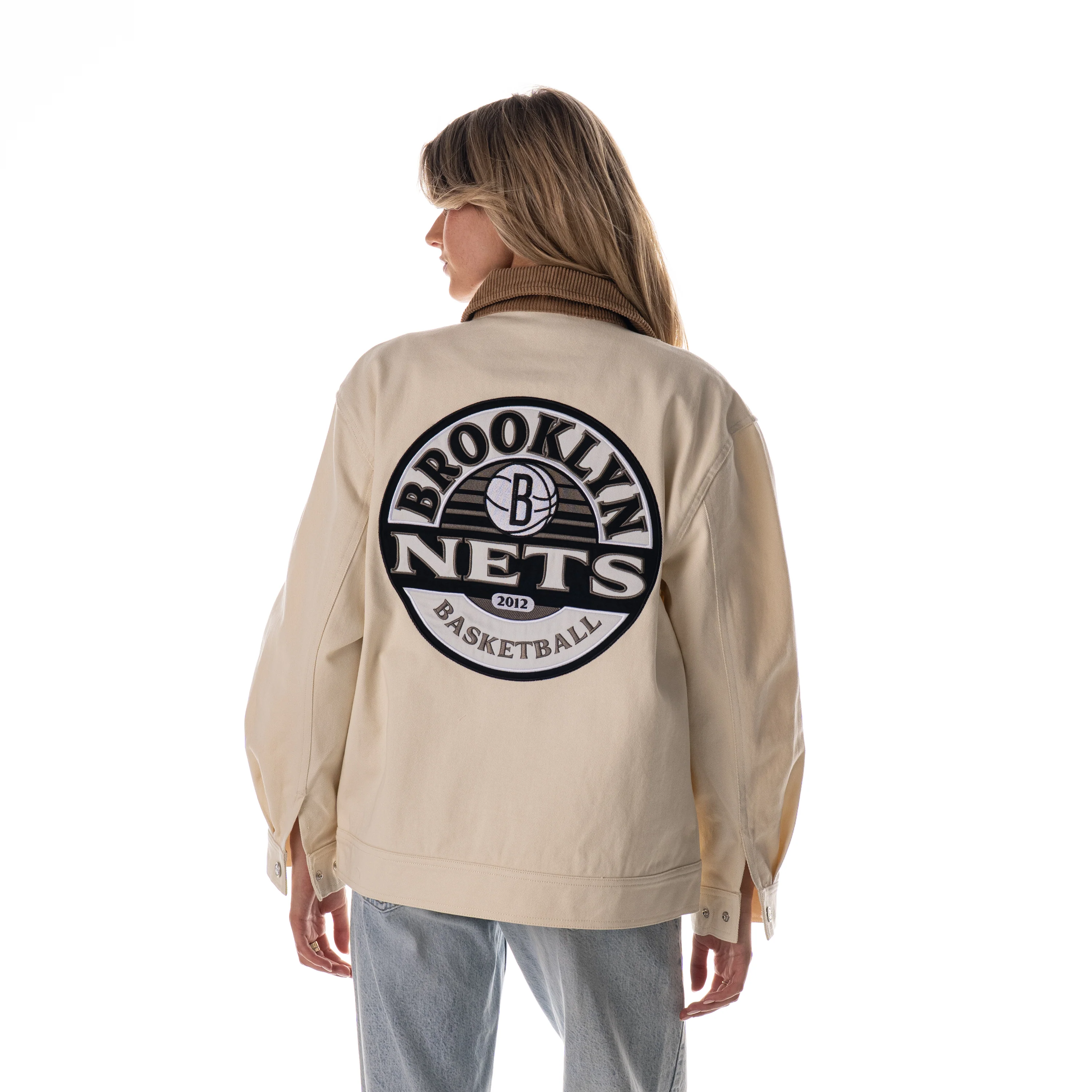 Brooklyn Nets Unisex Denim Zip Front Jacket - Cream - Image 2