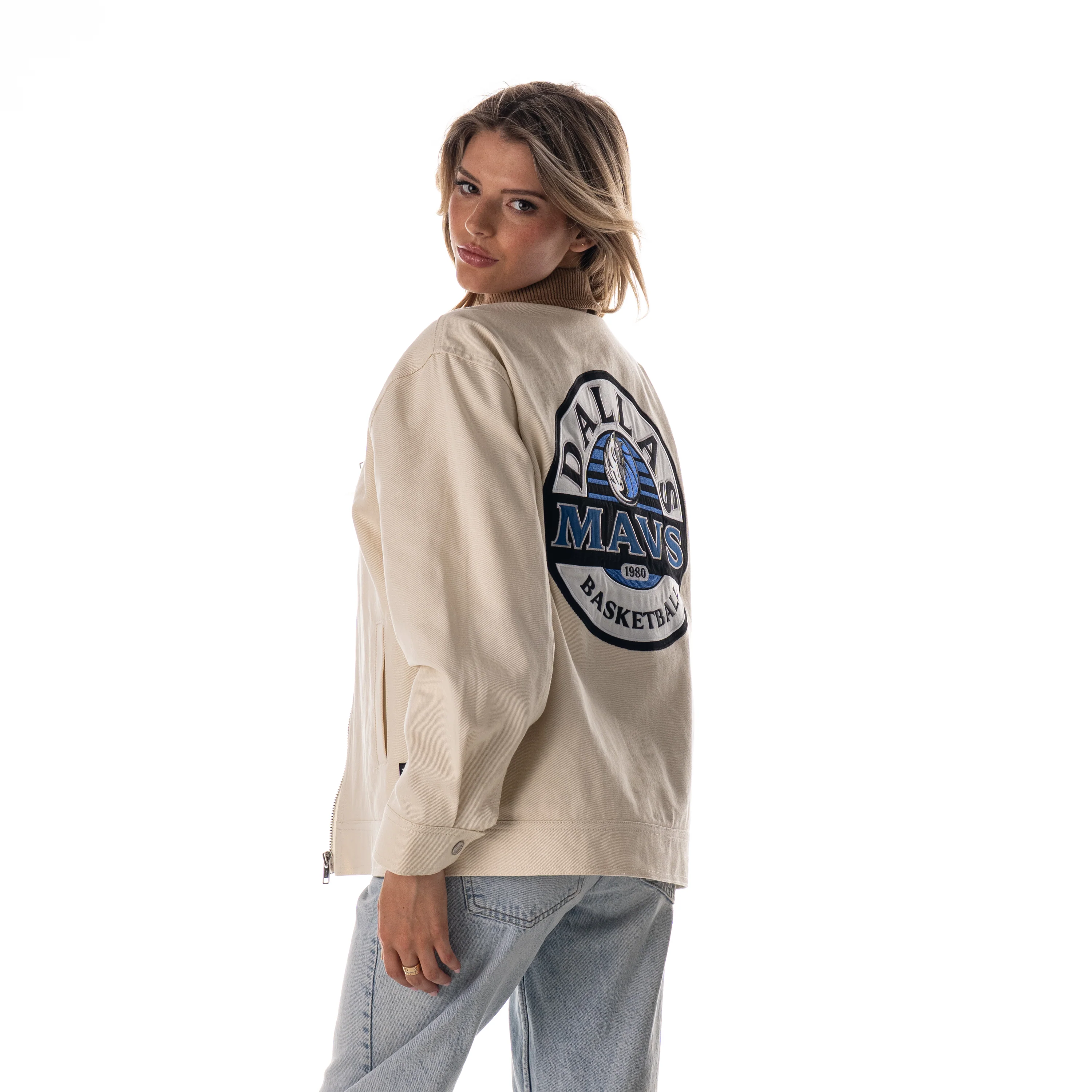 Dallas Mavericks Women's Denim Zip Front Jacket - Cream - Image 3
