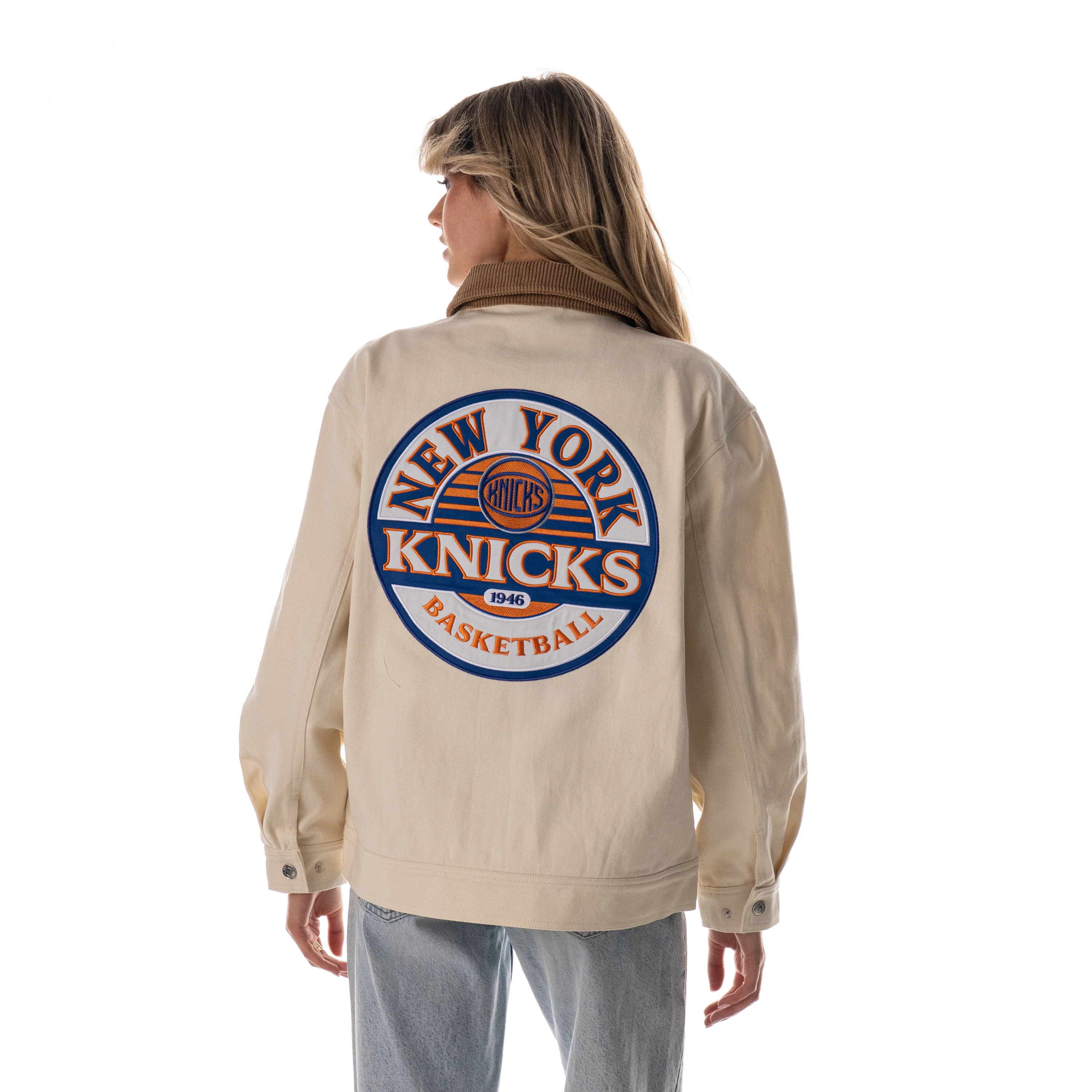 NY Knicks Women's Denim Zip Front Jacket - Cream - Image 2