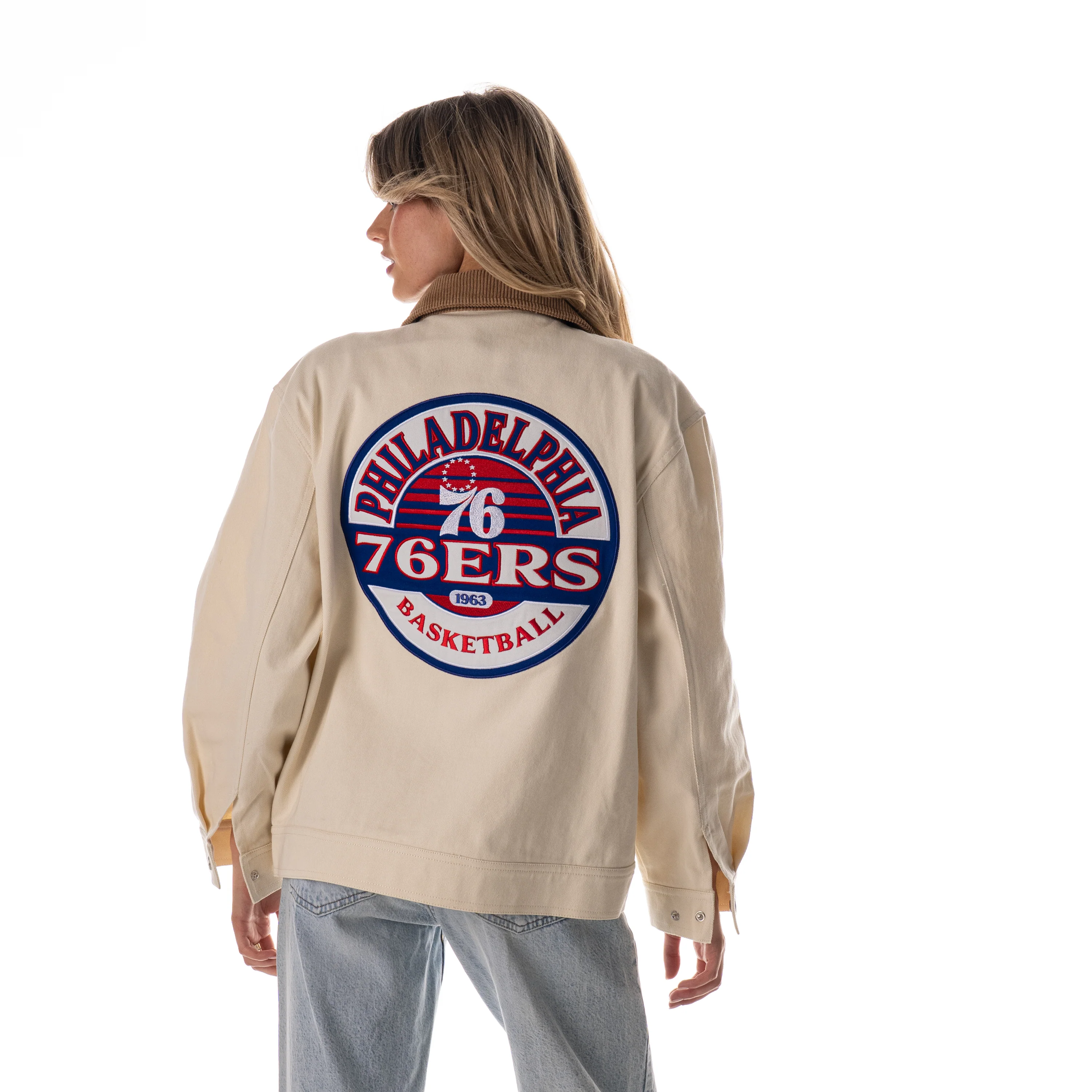 Philadelphia 76ers Unisex Denim Zip Front Jacket - Cream - Image 2