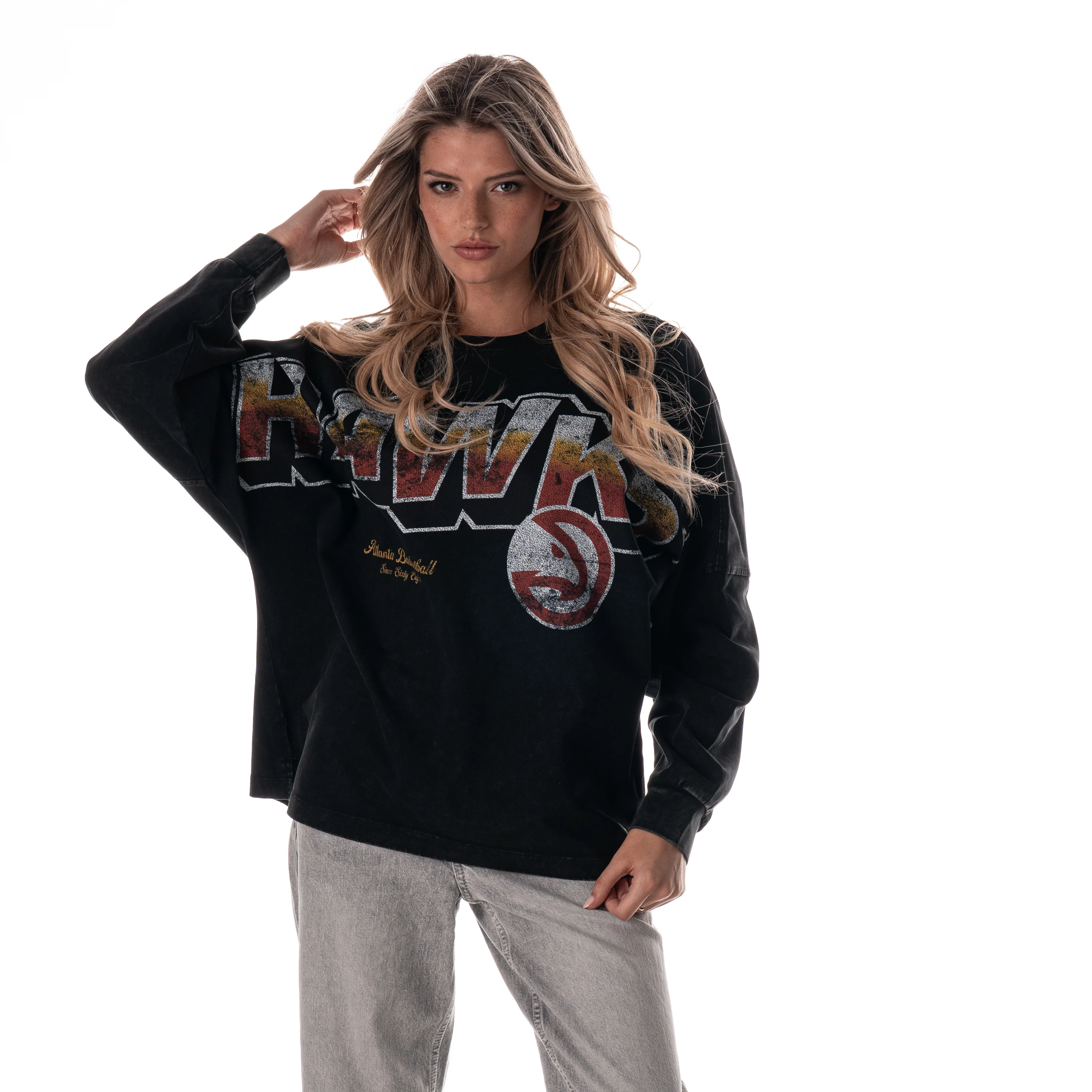 Atlanta Hawks Women's Oversized Graphic Dolman L/S Tee - Black - Image 3
