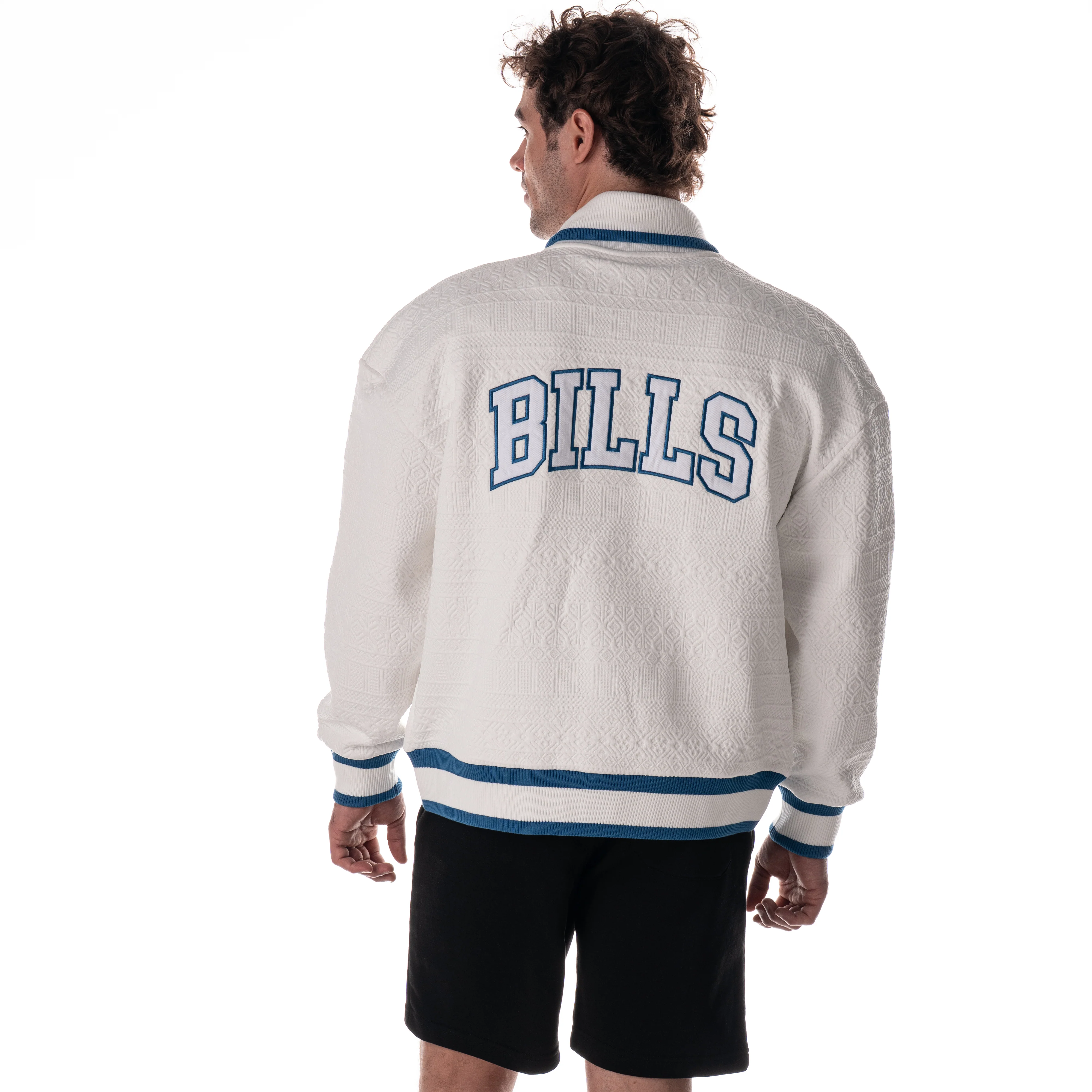 Buffalo Bills Unisex Embossed Cable Knit Bomber - Vintage White - Image 3