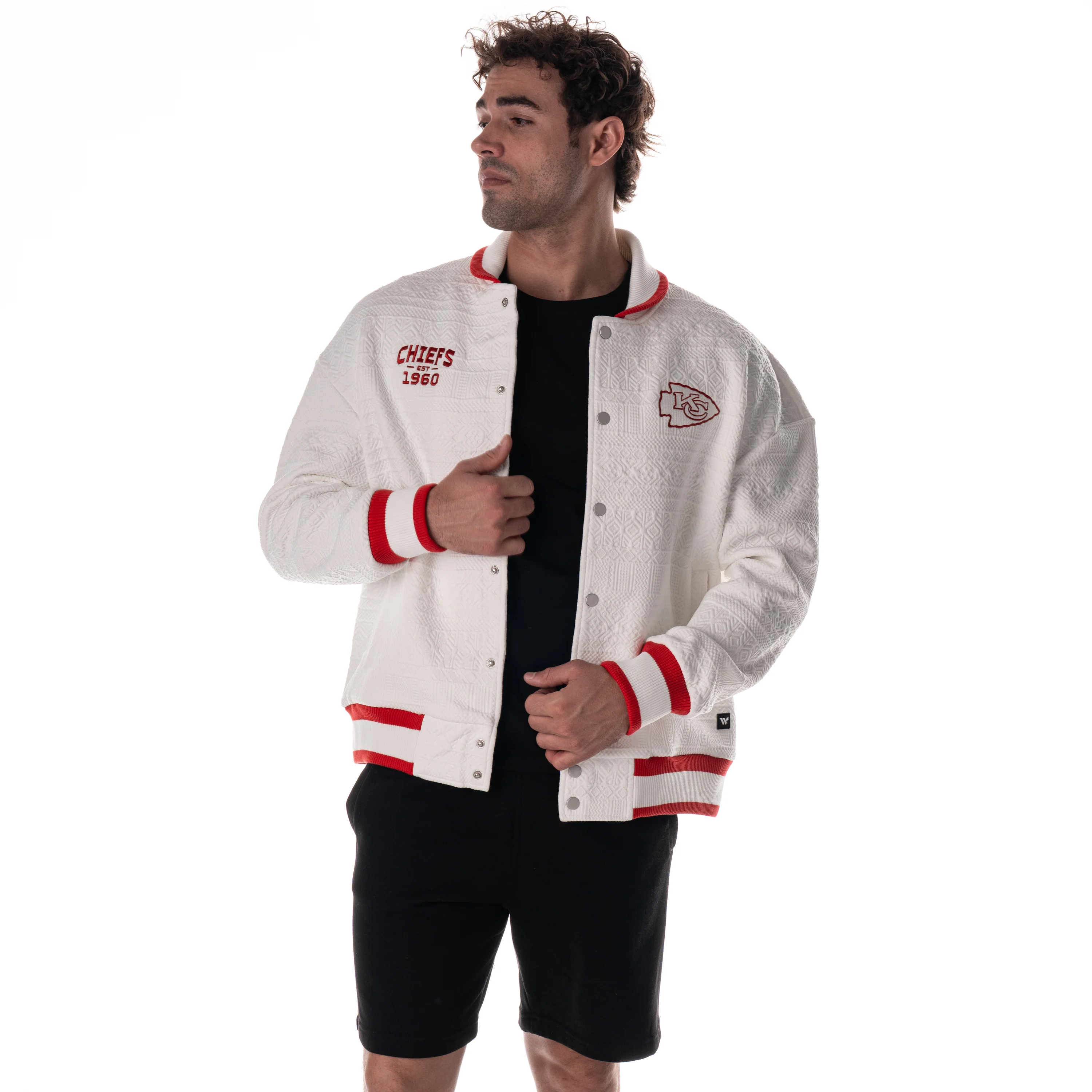 Kansas City Chiefs Unisex Embossed Cable Knit Bomber - Vintage White