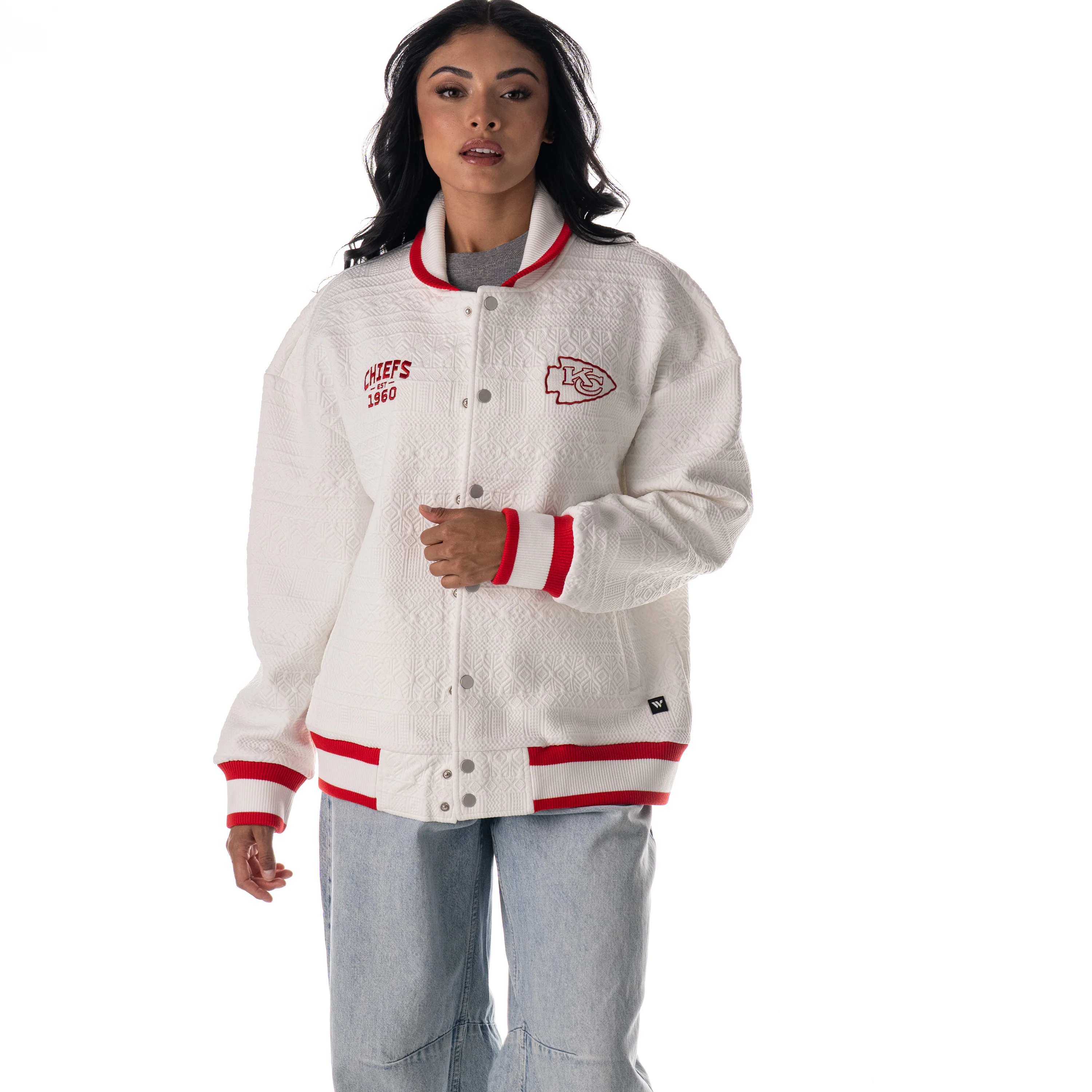 Kansas City Chiefs Unisex Embossed Cable Knit Bomber - Vintage White - Image 2